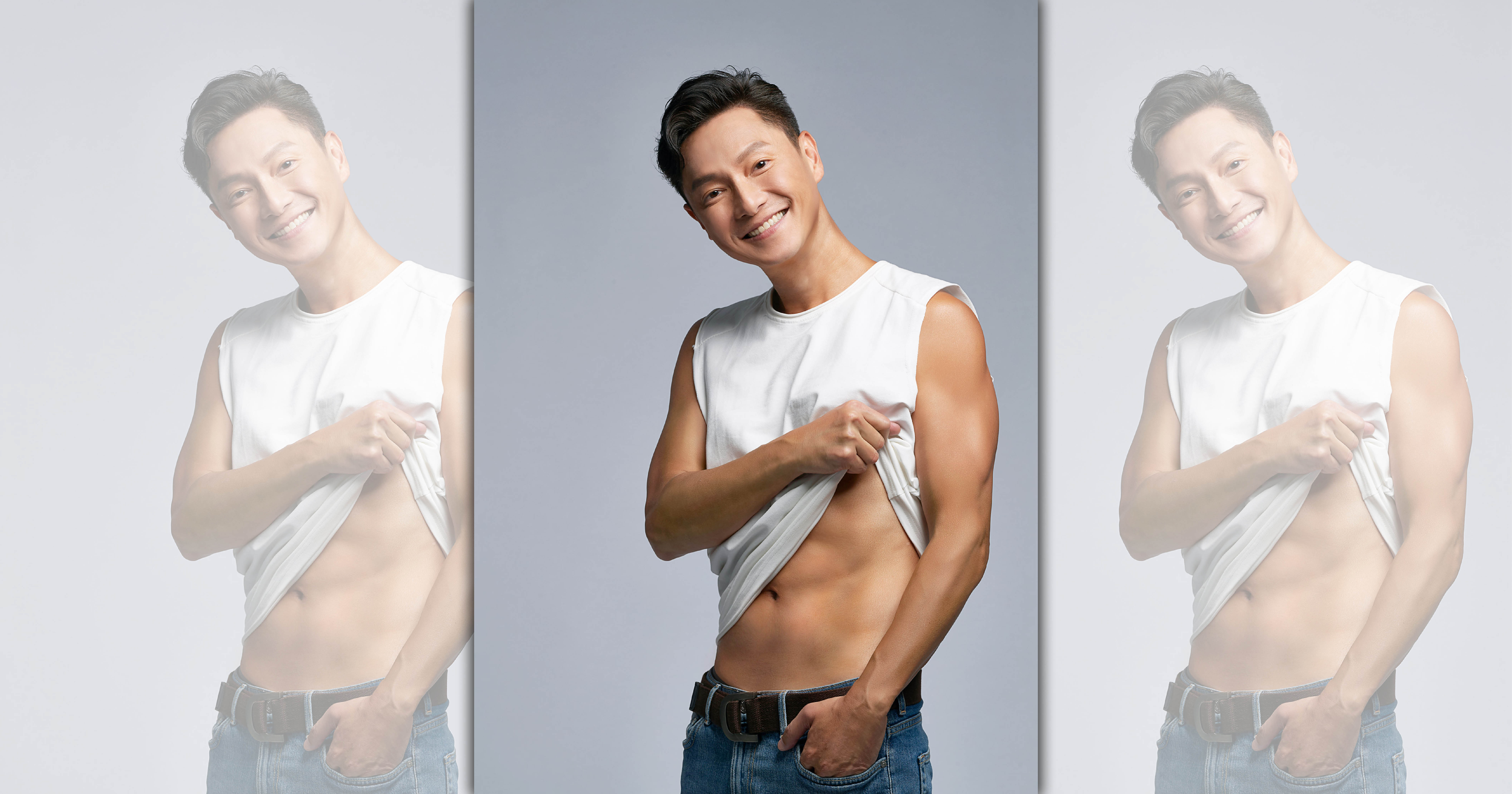 謝祖武曝光最新代言照，照片中單手扯開緊身背心大秀腹肌。（Laler提供）