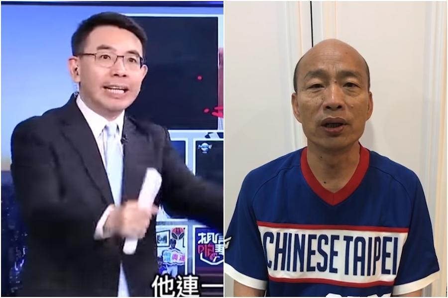 韓國瑜（右圖）錄製的中華隊加油影片，被劉寶傑（左圖）批評「格式不對」「沒有字幕」「沒有道具」3大罪狀。（左圖翻攝自關鍵時刻YouTube、右圖翻攝自韓國瑜臉書）