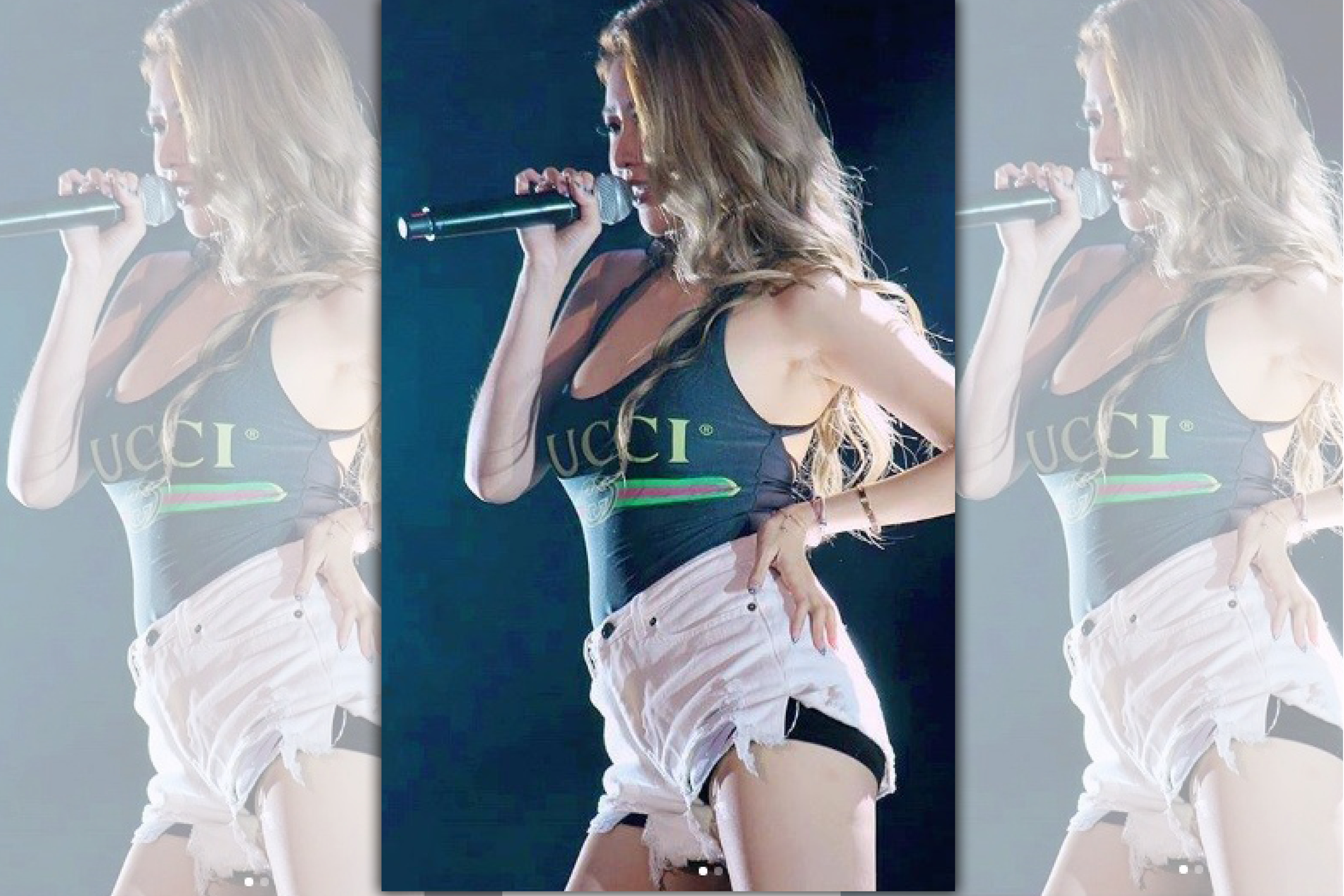 愷樂在IG上PO出表演照，穿著緊身背心及超短熱褲在舞台上演出，爆炸的上圍快把背心撐破。（翻攝自愷樂IG）