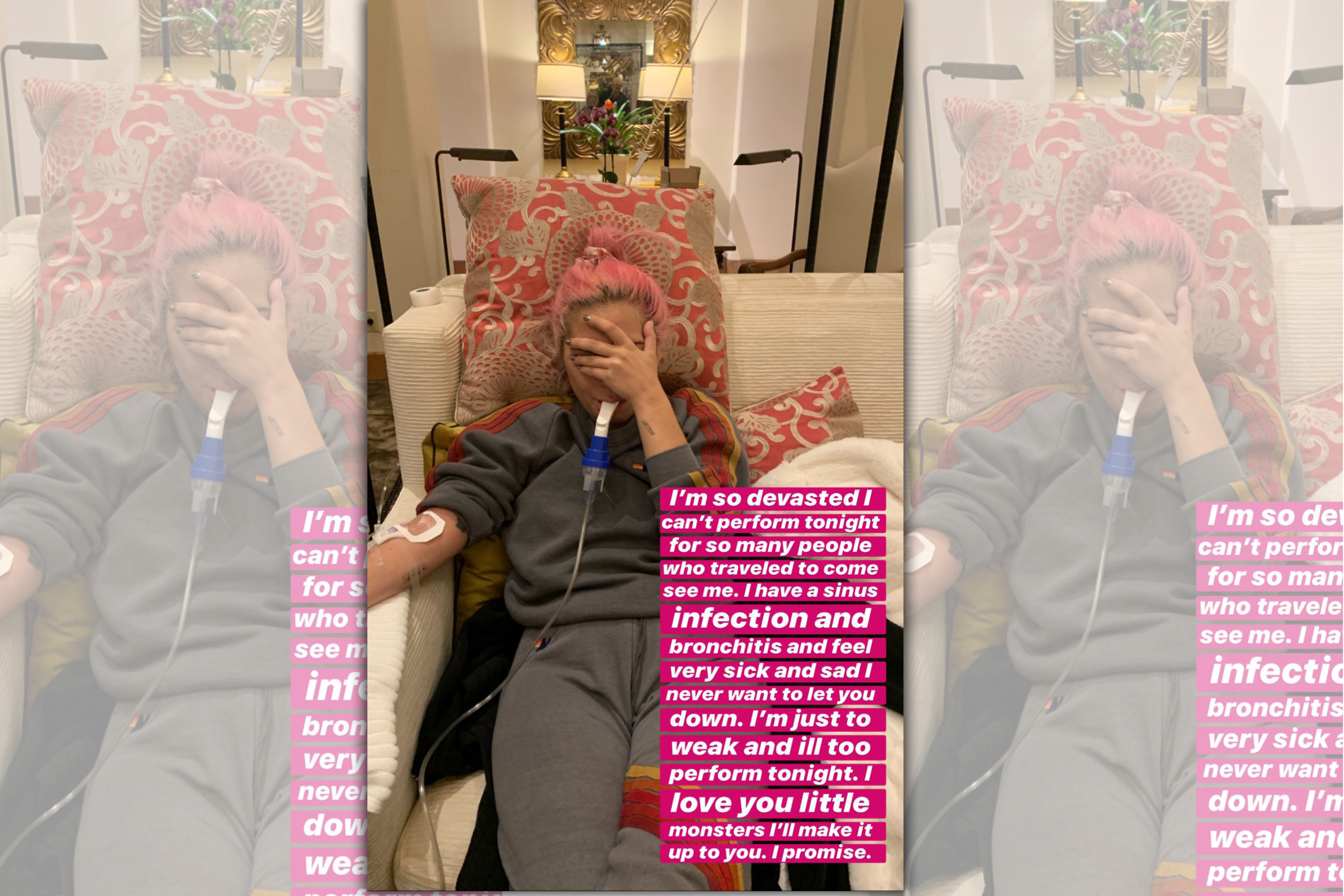 女神卡卡貼出虛弱打點滴的照片，告訴歌迷因自己生病而要取消演出。（翻攝女神卡卡臉書）
