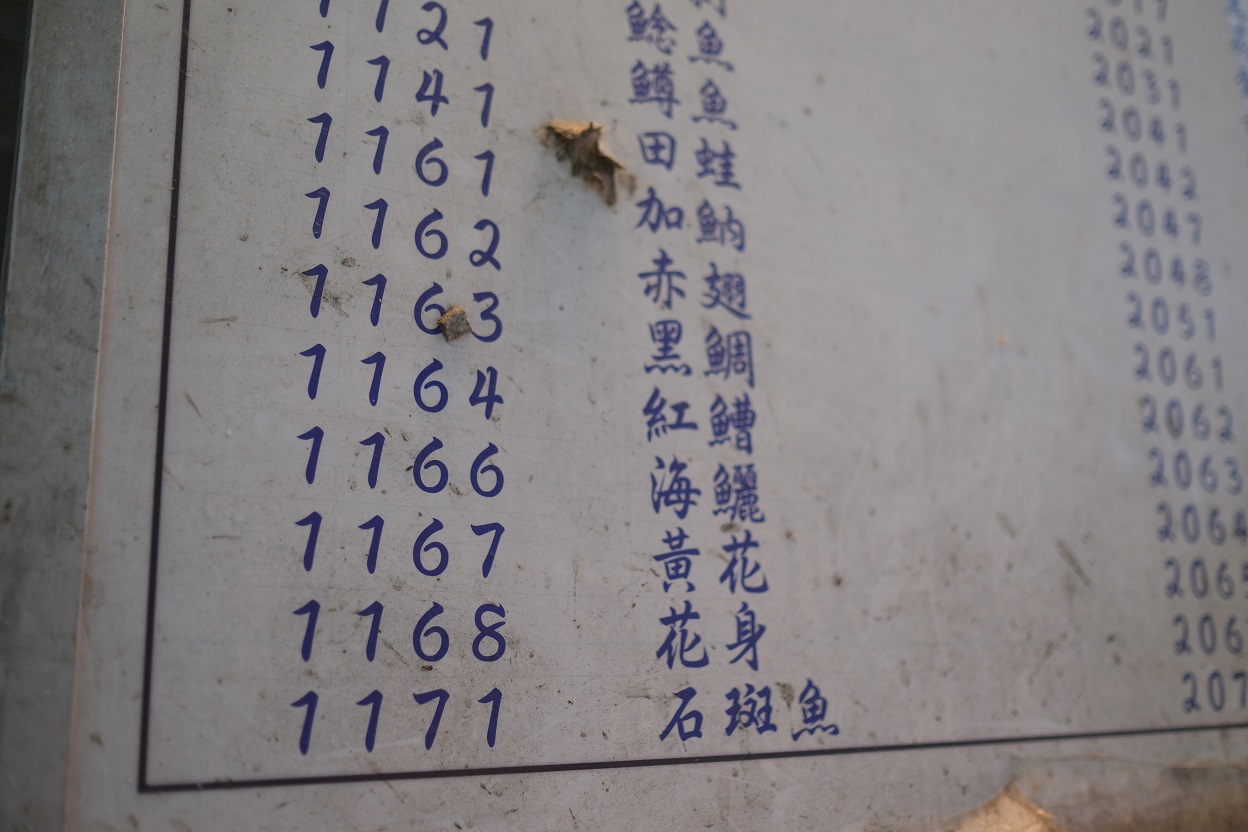 市場的牆壁上貼滿數百種魚種編號，這兒以編號認魚。