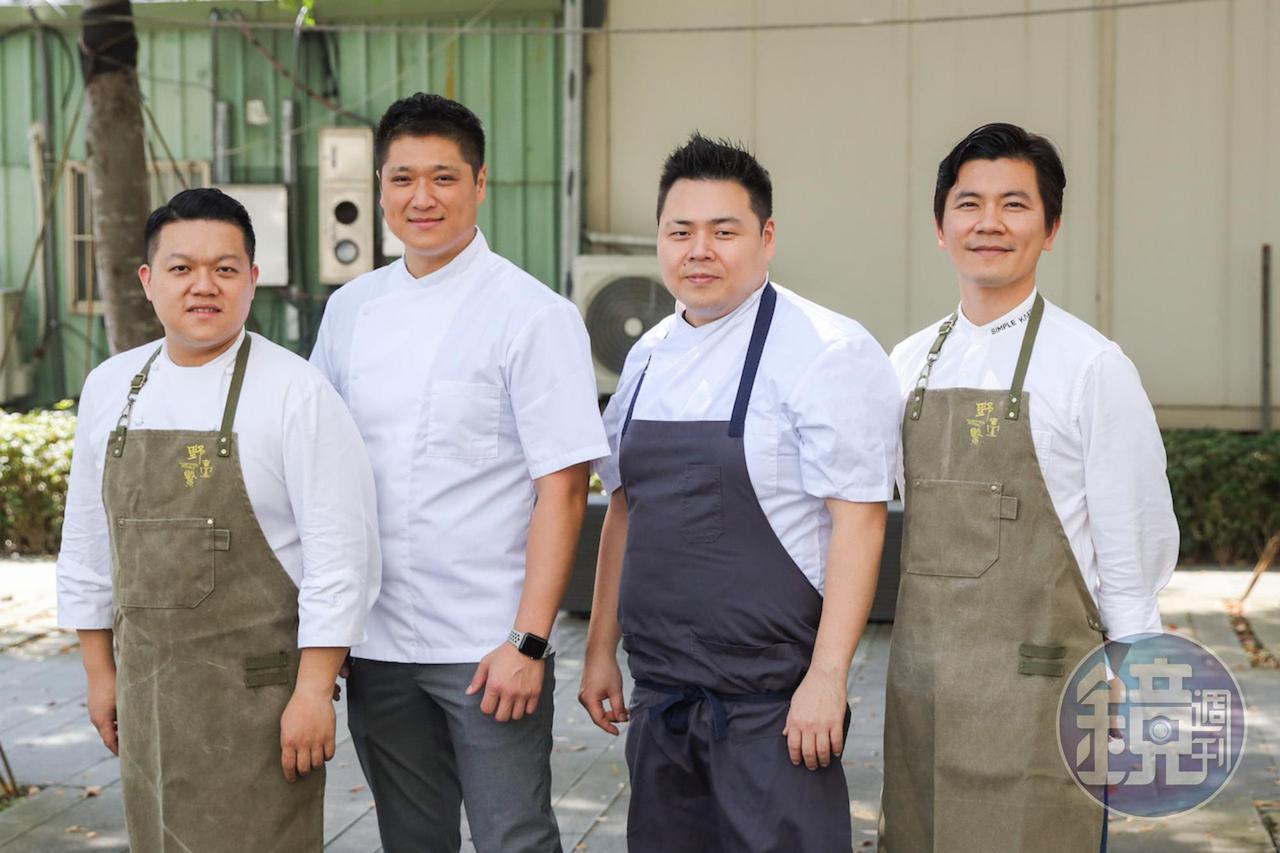台北米其林二星「Taïrroir 態芮」主廚何順凱（左起）、「Gēn Creative」主廚群Eric 、Han及「Simple Kaffa 咖啡店創辦人」吳則霖（Berg Wu）聯手打造主菜及飲品。