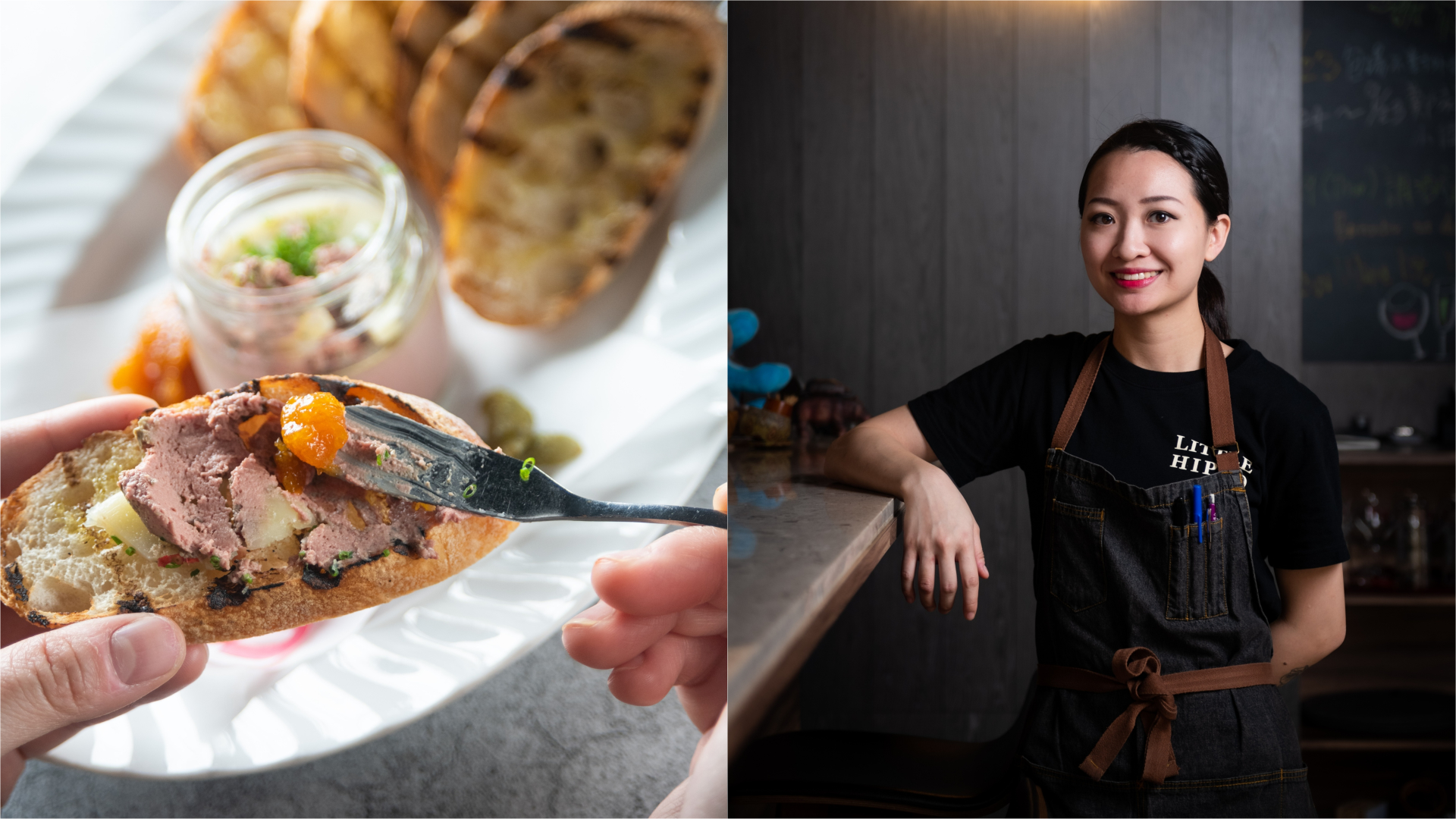 主廚溫苡婷（右）是新竹人，招牌菜「自製雞肝醬拼盤（左，395元／份）」無腥味、回甘鮮美，令人驚艷。