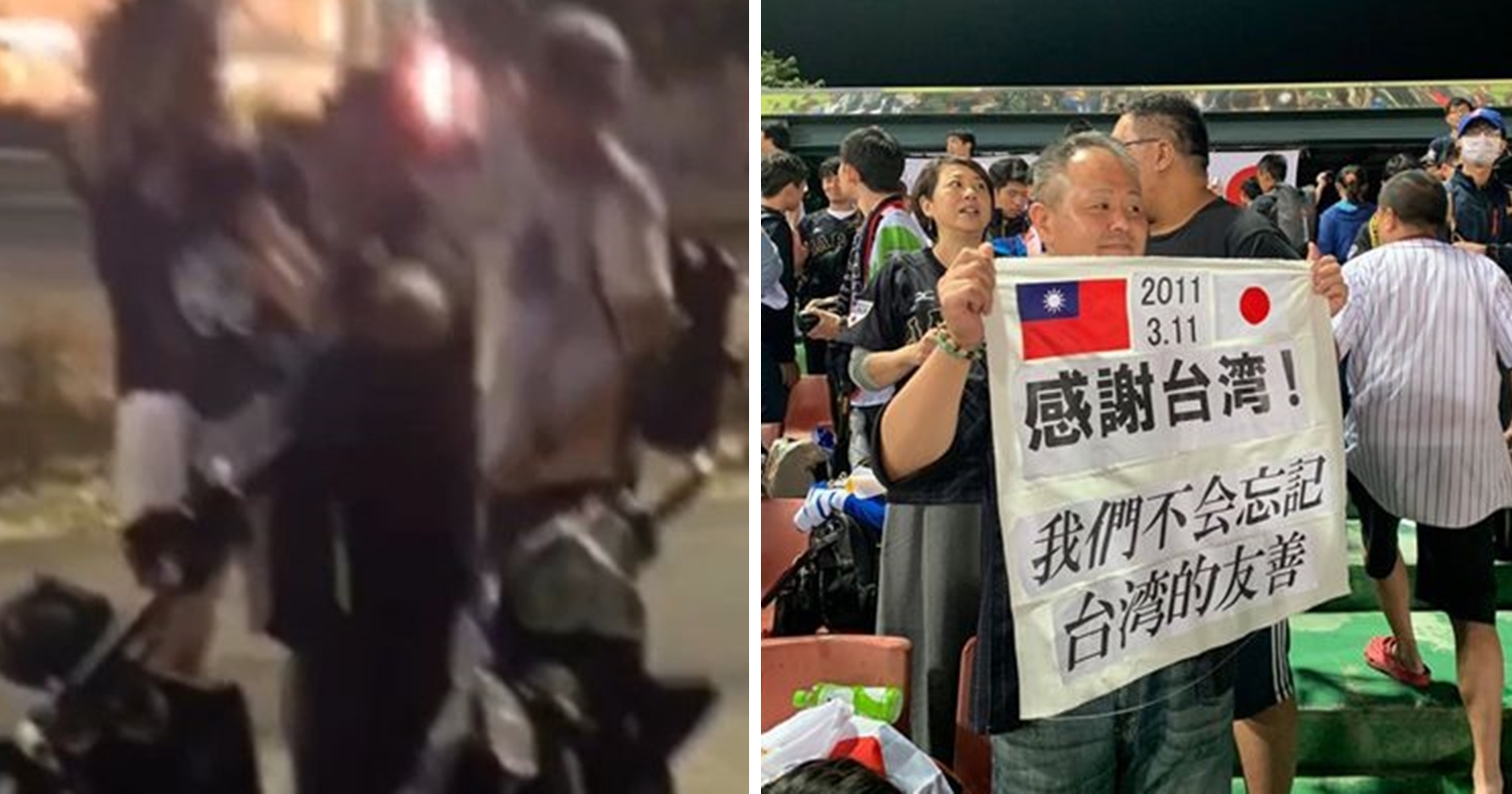 日前在洲際球場進行的台日大戰，竟有黑衣男降日本半旗洩憤，對比日本球迷的「感謝台灣」標語格外諷刺。（翻攝自爆怨公社）
