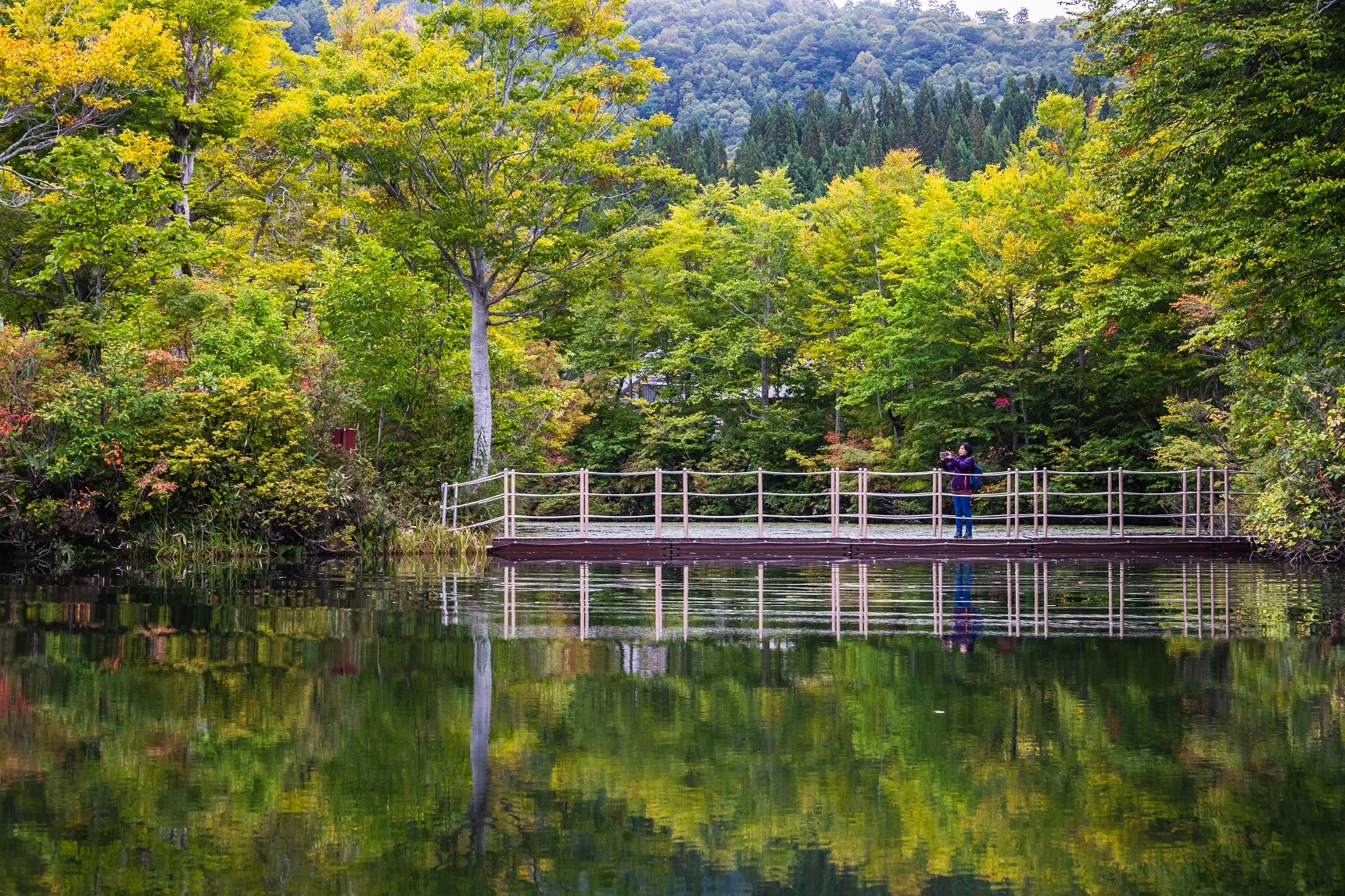 位在日本山形月山附近的「地藏沼」，秋天山色倒映水面，形成迷人風景畫。