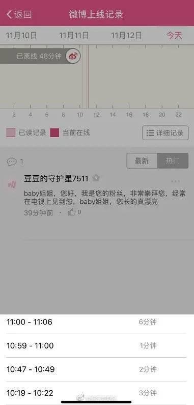 網友查詢 Angelababy微博上線紀錄,發現她昨天早上反覆上線,直到第4次才發文祝賀黃曉明生日。(翻攝自微博)