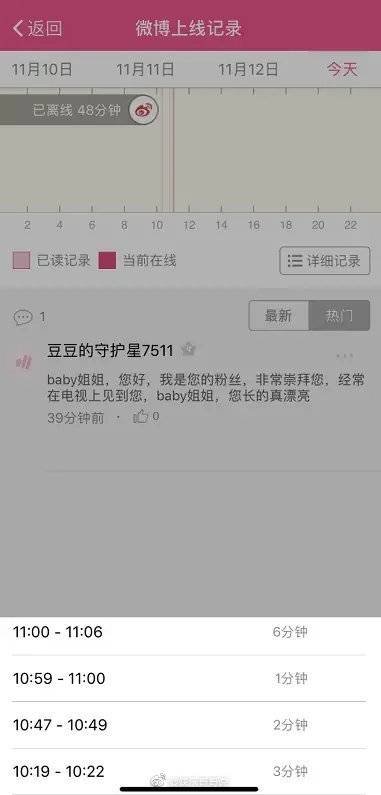 網友查詢 Angelababy微博上線紀錄，發現她昨天早上反覆上線，直到第4次才發文祝賀黃曉明生日。（翻攝自微博）