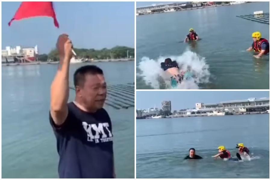 國民黨籍台南立委參選人蔡育輝不滿黨內不分區立委名單，今（14日）跳海表示抗議。（翻攝自蔡育輝臉書）