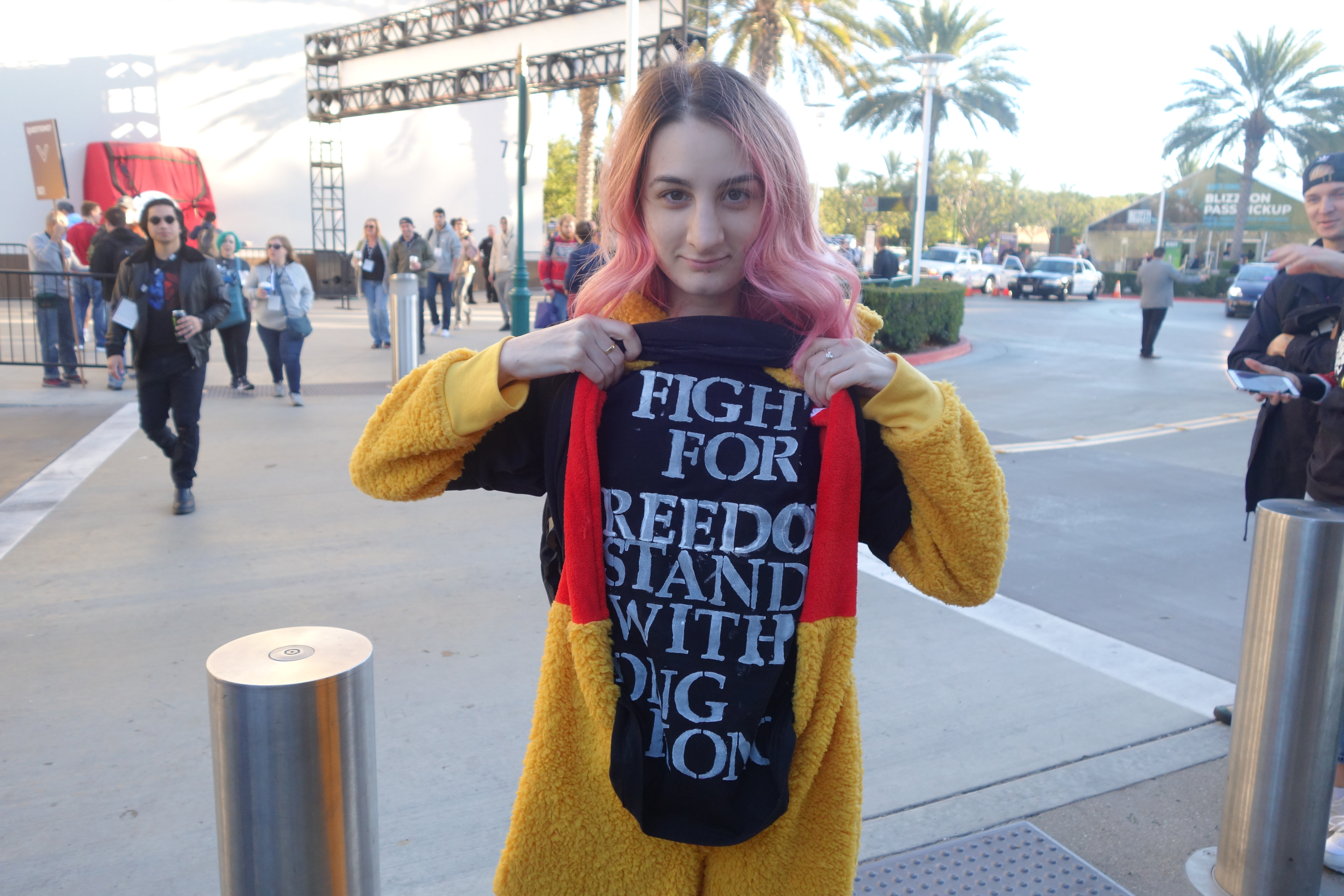 一名年輕女子穿著小熊維尼服裝，在上衣寫著「FIGHT FOR FREEDOM，STAND WITH HONGKONG」（為自由而戰，與香港站在一起）的字樣。