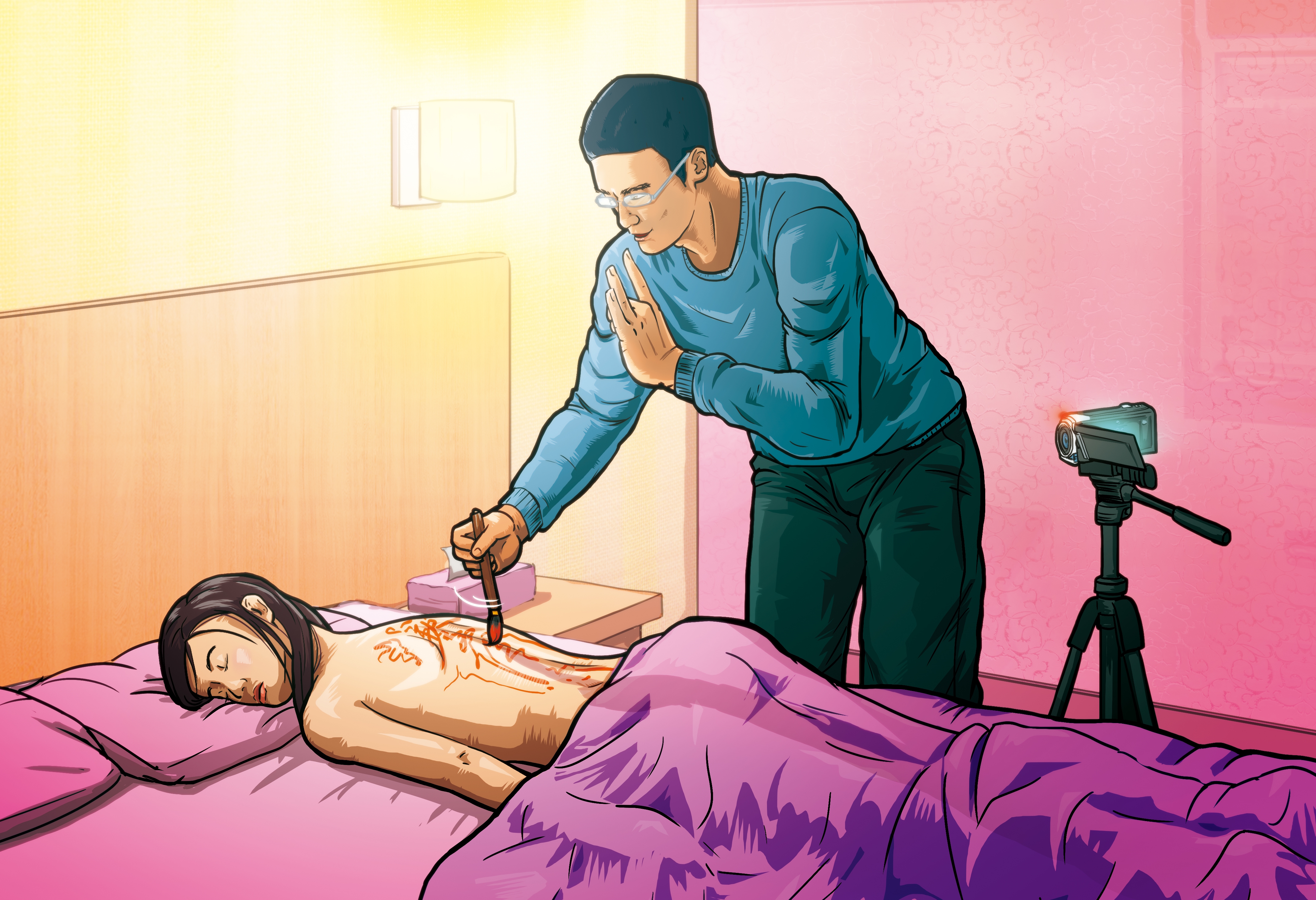 徵信業者黃文進將陳女帶至摩鐵「淨身」，並趁機將她迷昏，之後在陳女身上畫符，還錄下整個過程。（圖為示意畫面）