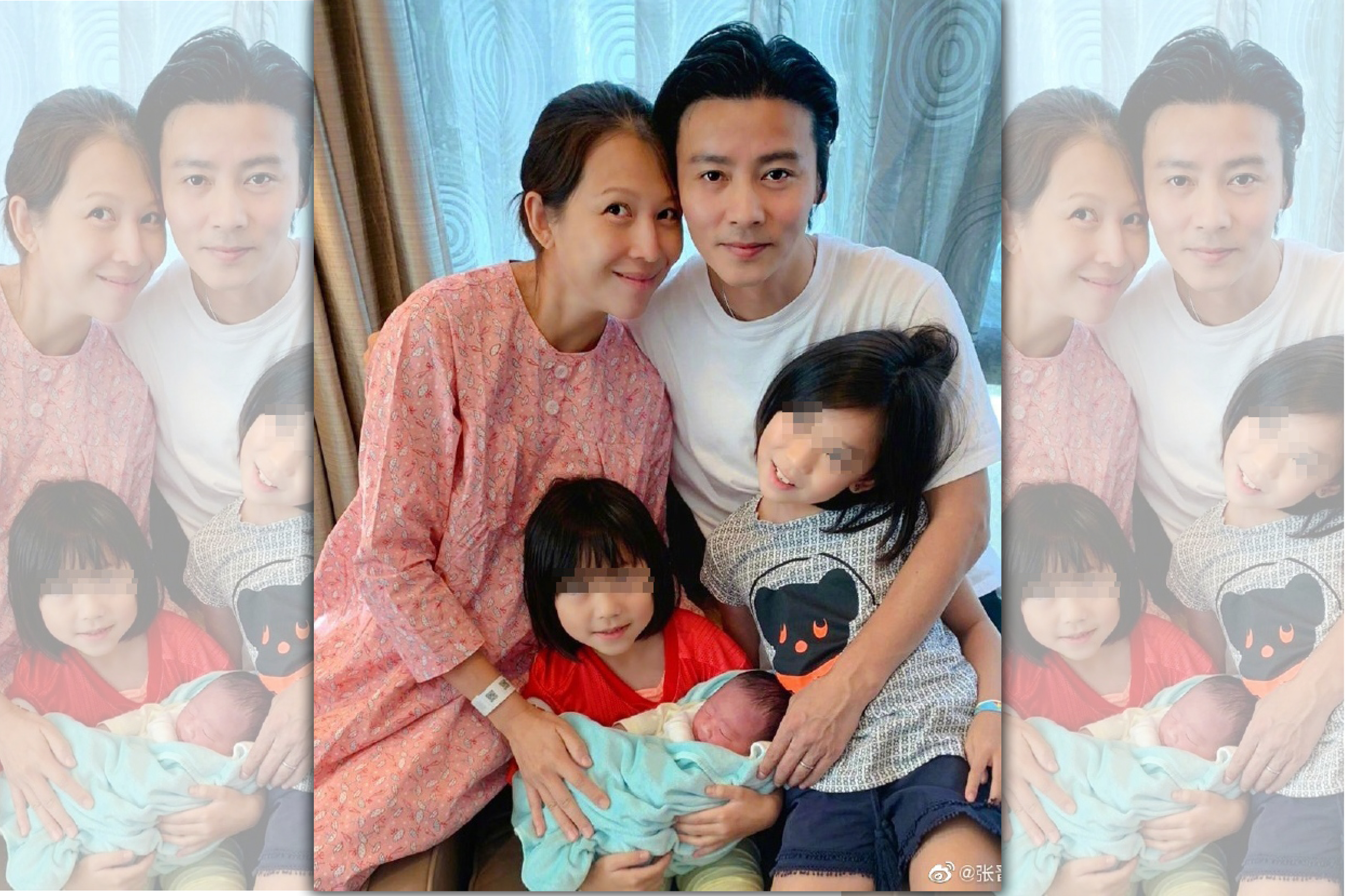 張晉上載一家五口全家福，素顏的蔡少芬看來精神不錯。(張晉微博)