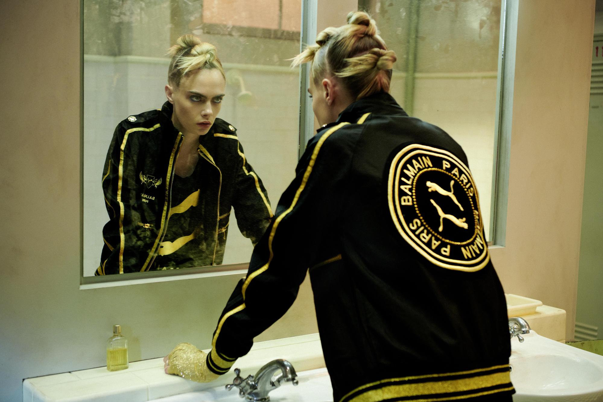 國際超模Cara Delevingne首度參與設計的PUMAＸBALMAIN休閒背心NT$4,280、風衣外套NT$13,980。（PUMA提供）