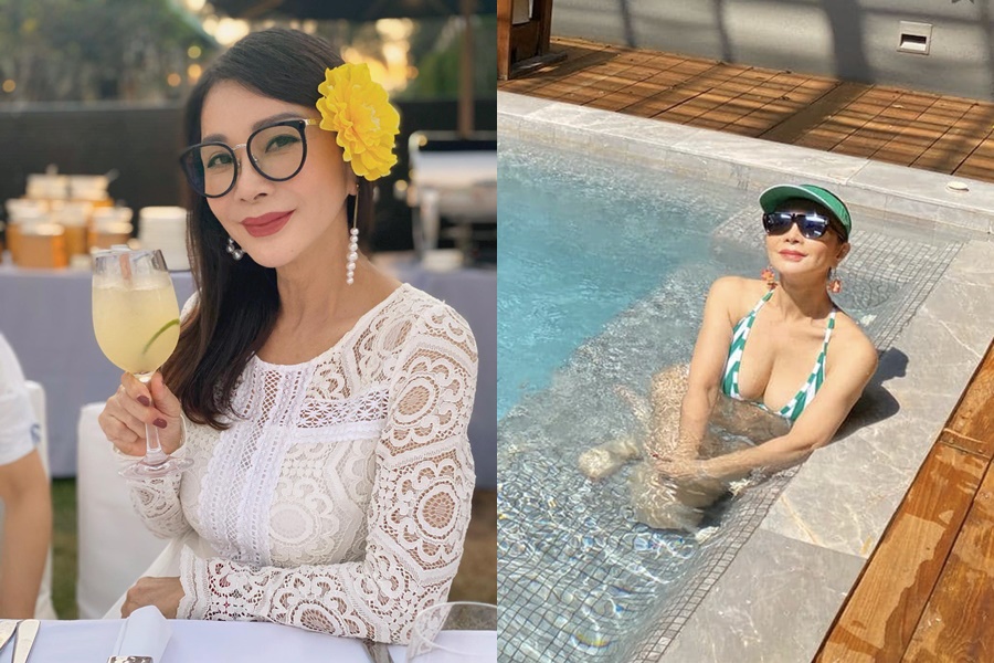 陳美鳳貼出自己解放豪乳的比基尼戲水照，讓網友相當驚豔。（翻攝臉書）