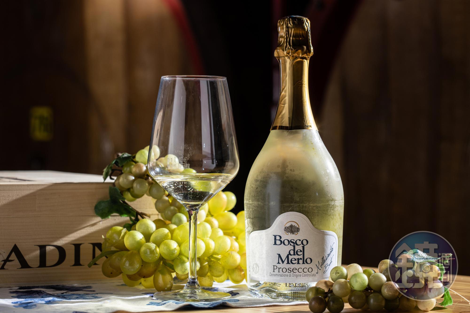 「Bosco del Merlo Prosecco Millesimato Brut」含糖量低，口感清爽，前味卻綿甜圓潤。
