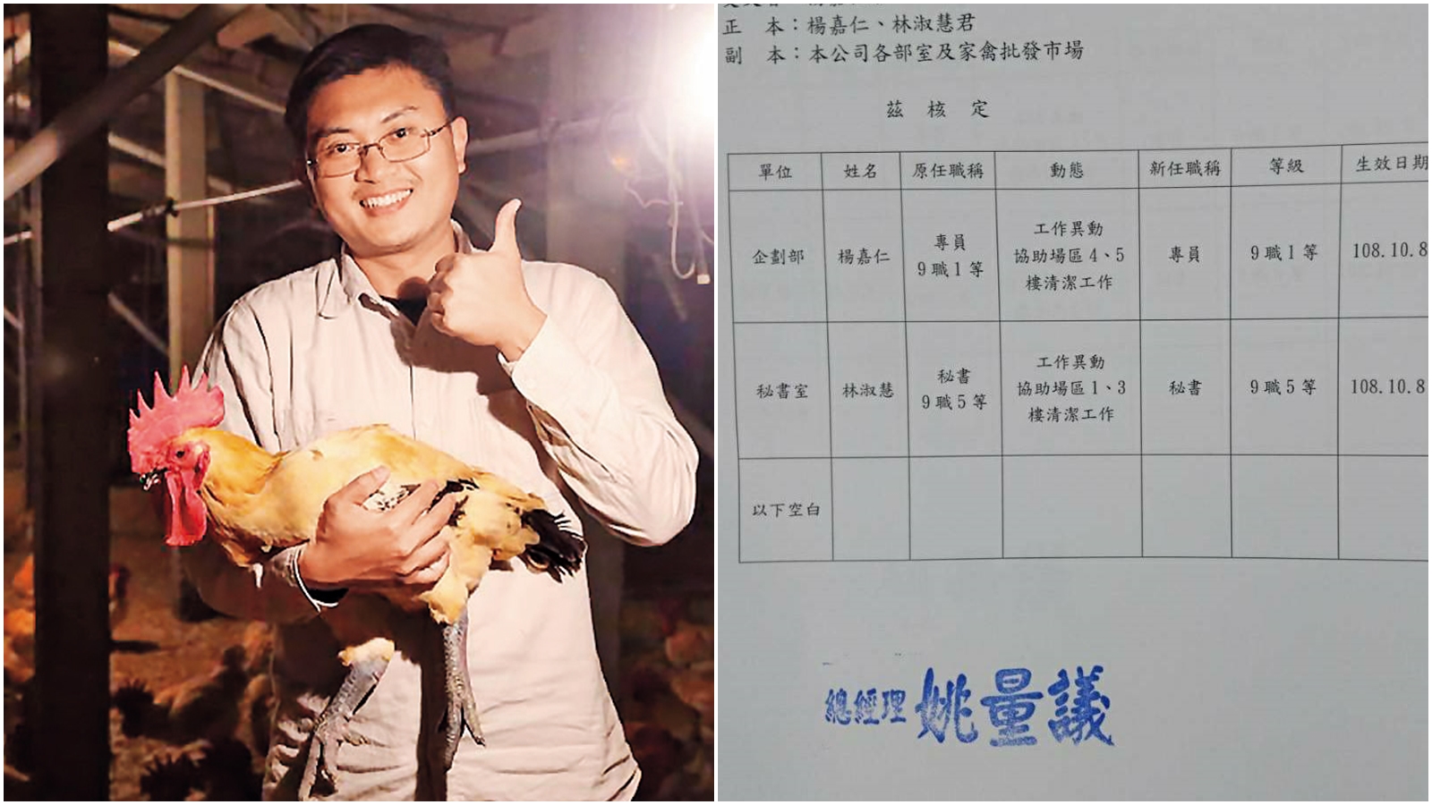 姚量議在臉書喊冤，不過本刊取得楊嘉仁遭降調的人令，直接打臉姚的說法。（合成圖，翻攝自姚量議臉書、讀者提供）