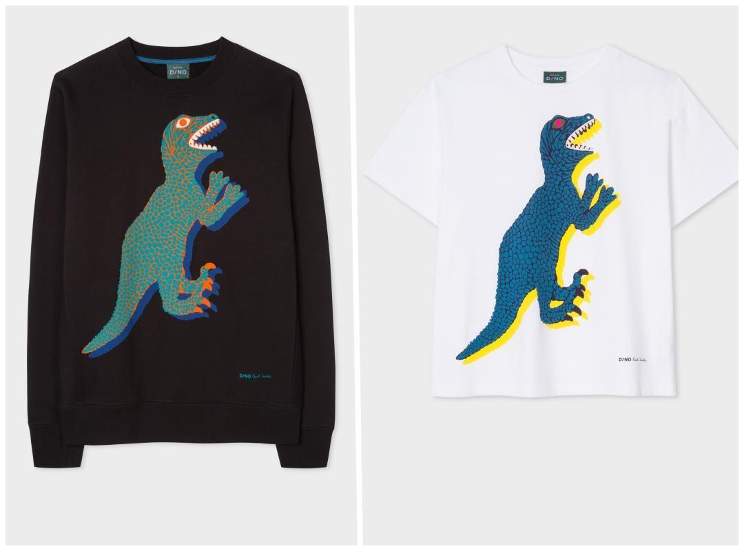 Paul Smith綠色DINO恐龍黑色衛衣NT$5,800（左）、Paul Smith藍綠色DINO恐龍白色女裝短袖上衣NT$3,300（右）。（藍鐘提供）