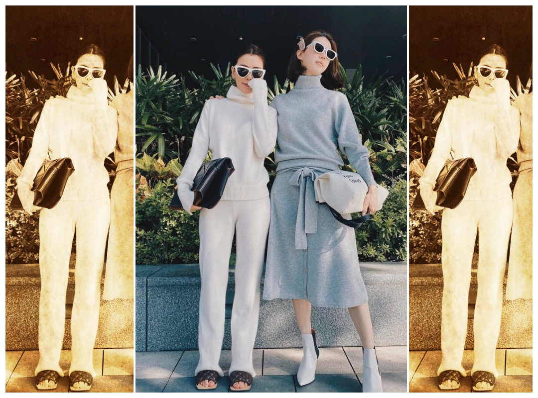 李毓芬與宋米秦合影時，手拿Bottega Veneta黑色法國小牛皮包款NT$77,100、腳上穿著Bottega Veneta西班牙小羊皮軟墊格紋拖鞋NT$21,600。（翻攝自李毓芬個人IG）