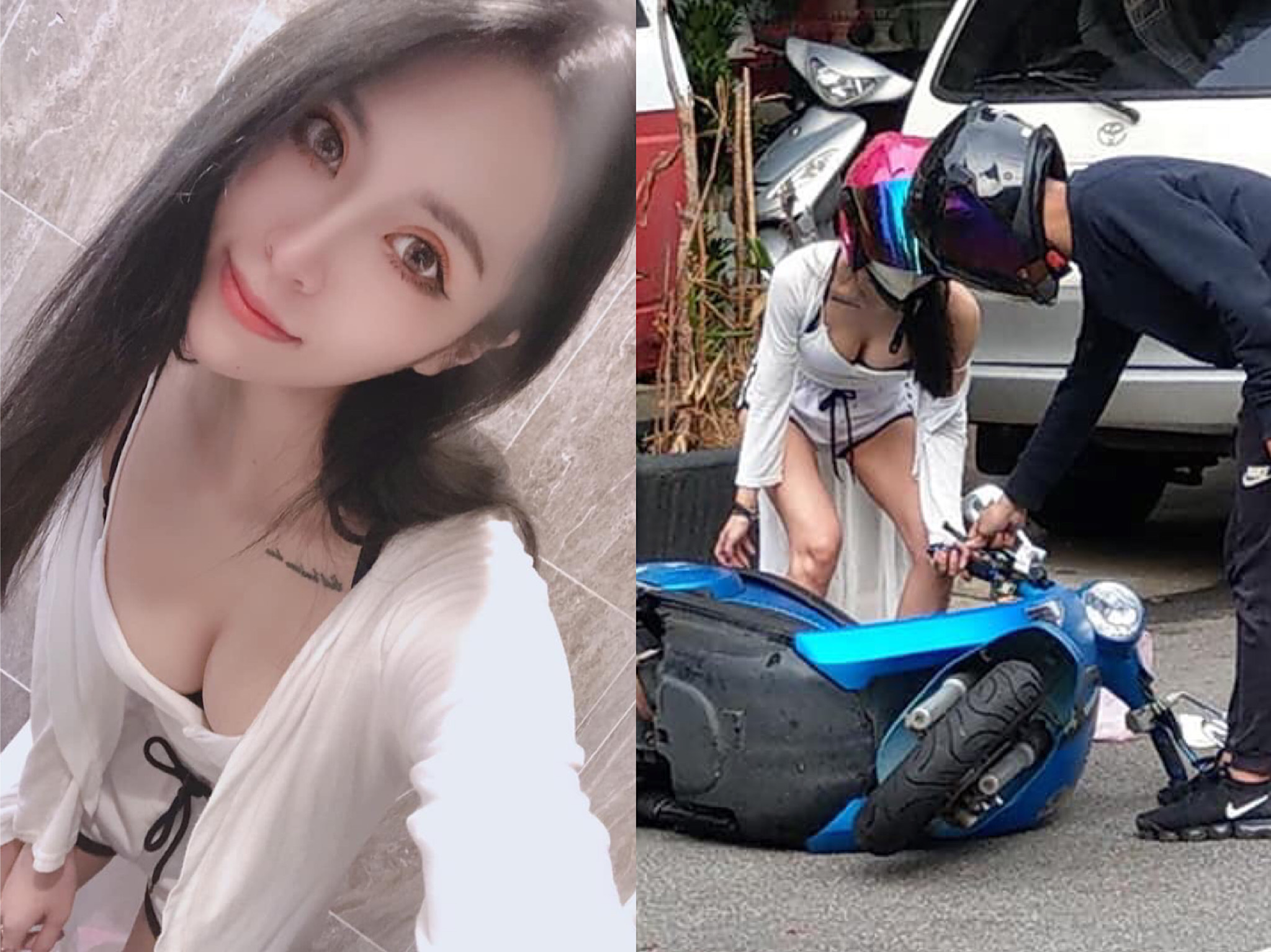 JKF女郎阮蓎摔車上下皆露。（圖／阮蓎臉書、「加藤軍路邊隨手拍」臉書）