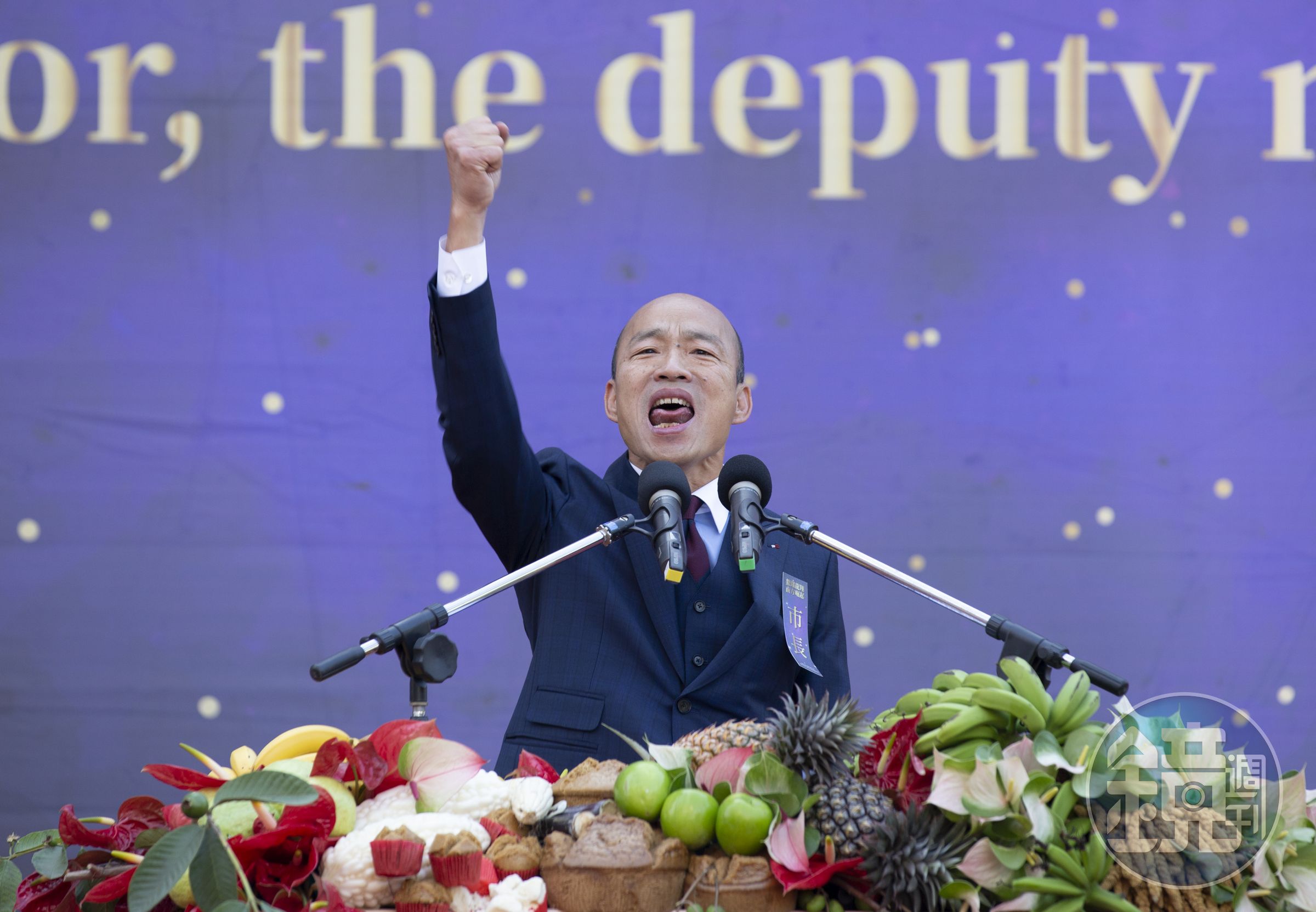 韓國瑜在企業面前談到一例一休時，分享親身所經歷的故事，更強調「禿頭的不會講假話」。（本刊資料照）
