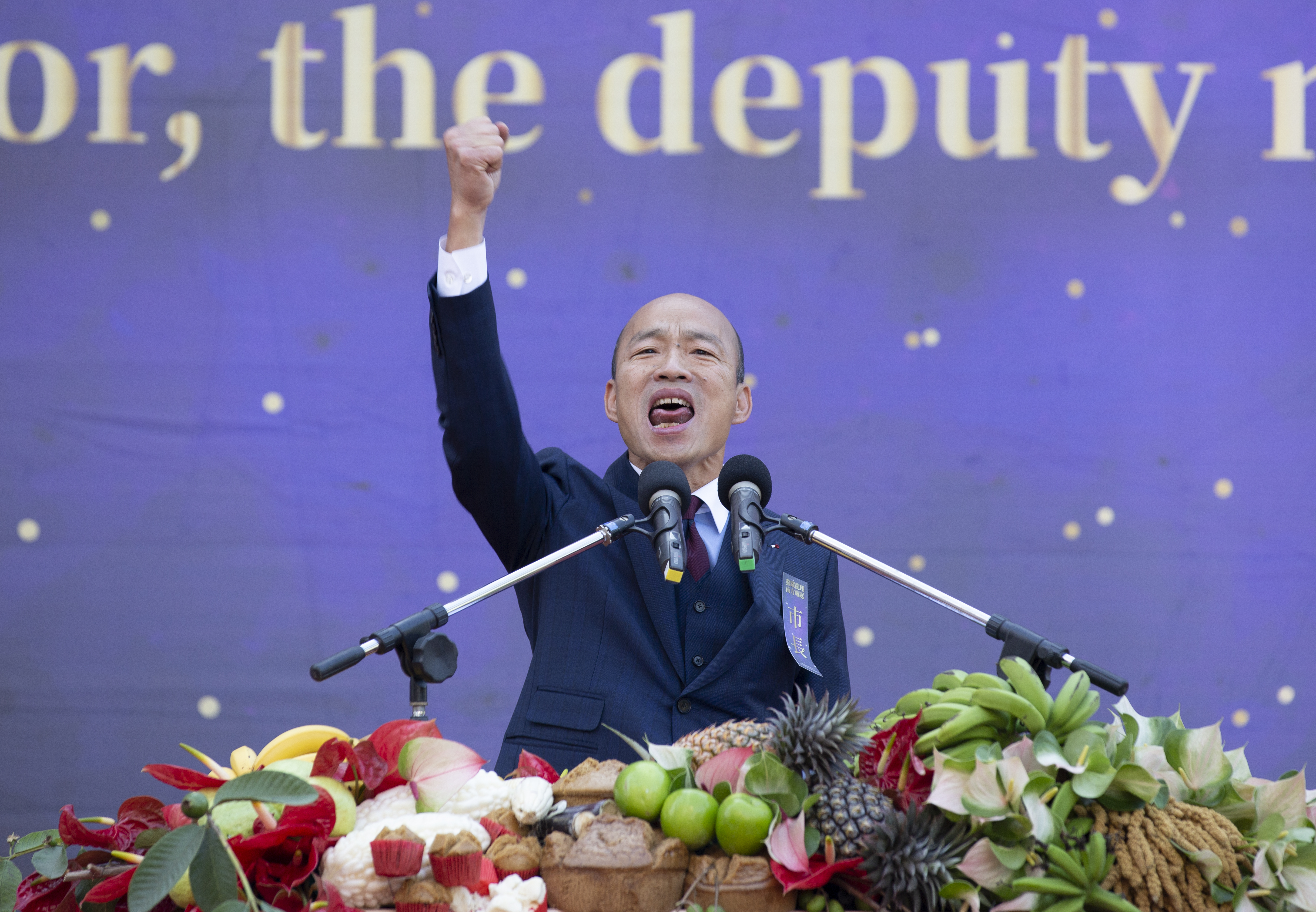 韓國瑜在企業面前談到一例一休時，分享親身所經歷的故事，更強調「禿頭的不會講假話」。（本刊資料照）