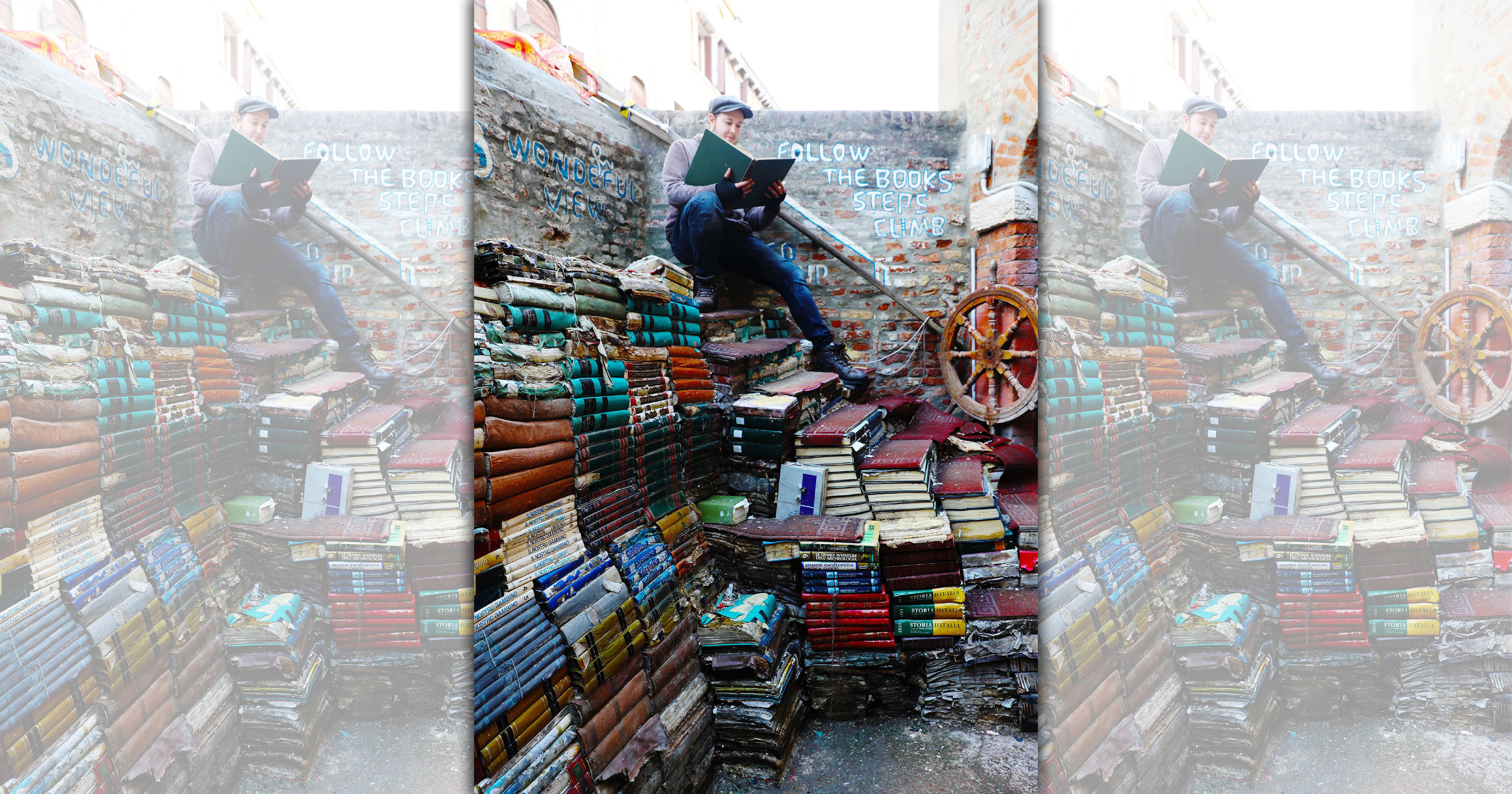 威尼斯「高水位書店」後方的圍牆，有一道用百科全書堆成的階梯，可以環顧周圍運河風光，也是旅人最喜歡拍照打卡的角度。