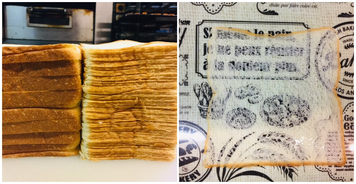 日本男子超狂刀工，把1條吐司切80片。（翻攝自@J_buriburi推特）