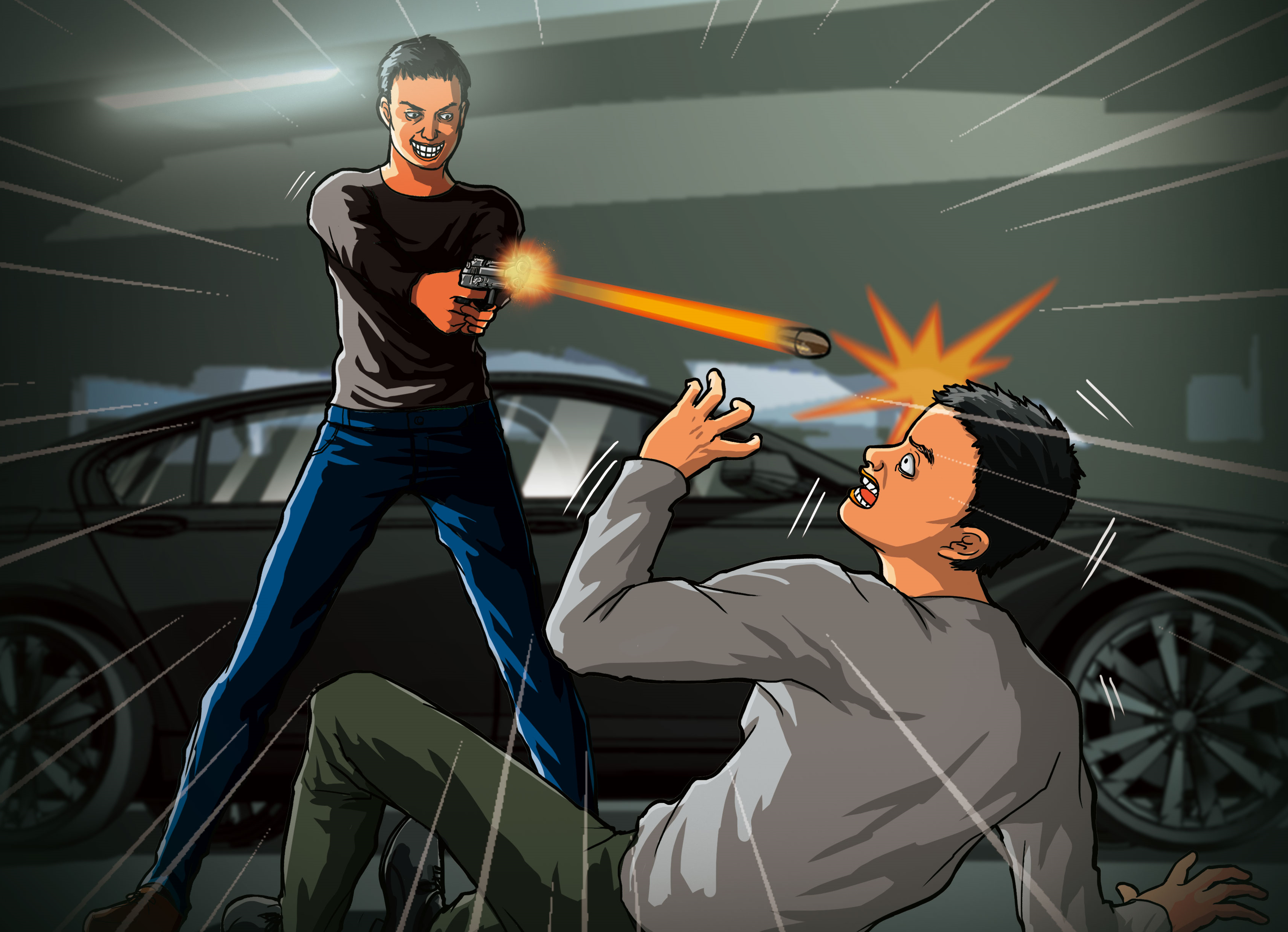 下樓買飲料的蔡鎧陽（右）一回到停車場，便遭陳福祥（左）行刑式槍殺。