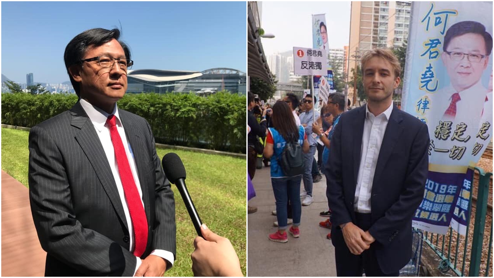 保福德（右）昨當面告知何君堯他的名譽博士學位遭褫奪「我也有份」。（合成圖，翻攝自何君堯臉書、自治由じゆう- La libertad推特）