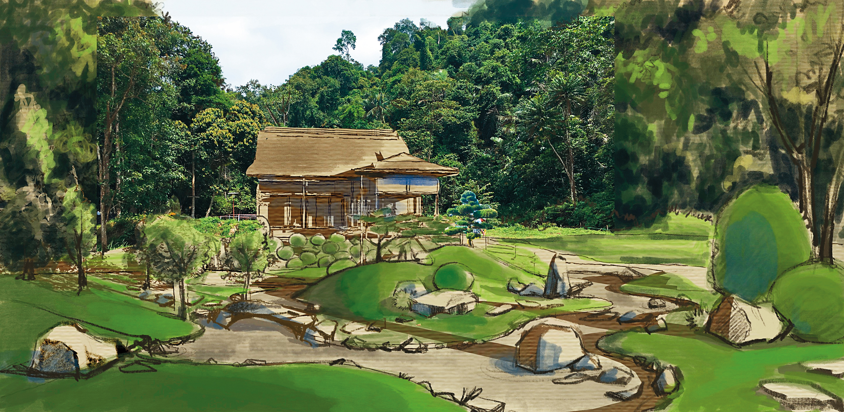 電影中的重要場景日式庭園經由大量蒐集資料設計完成氣氛圖,美術指導蔡珮玲形容從無到有的過程有如「墾荒」。(蔡珮玲提供)