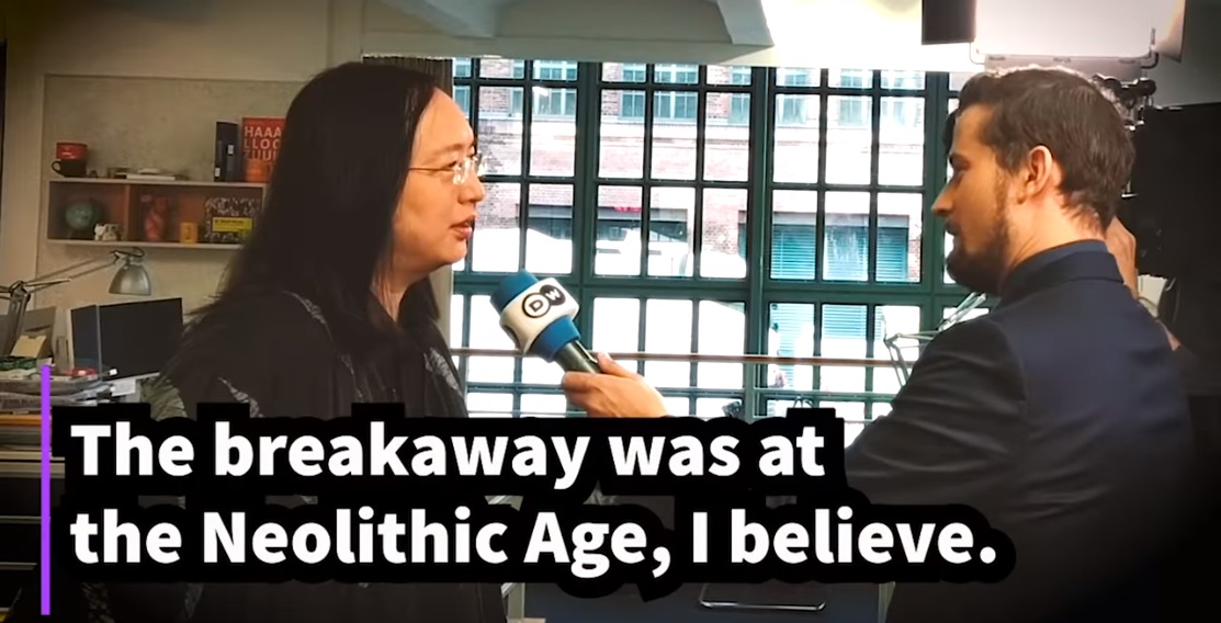 《德國之聲》採訪提出台灣被北京當局認為是一塊分離的領土，作為台灣官員如何看待？唐鳳認為，台灣在新石器時代就已經分離了。（翻攝唐鳳臉書影片）