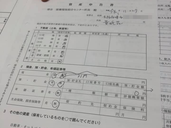 寶靈臉書po出資產申告書，依填寫的資料顯示，全身盤纏只剩31日元（約新台幣9元）。（翻攝自黃寶靈臉書）