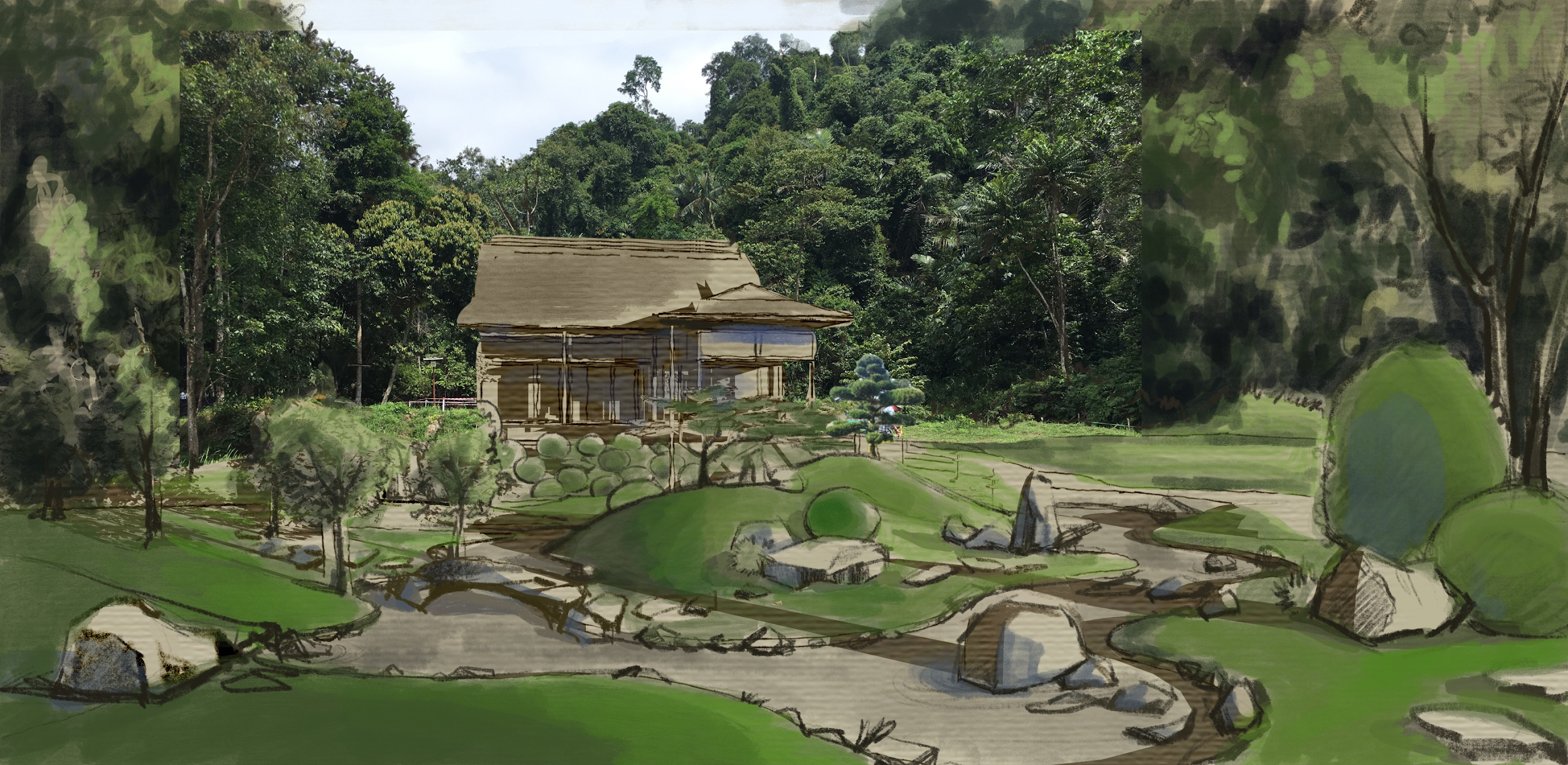 電影中的重要場景日式庭園經由大量蒐集資料設計完成氣氛圖,美術指導蔡珮玲形容從無到有的過程有如「墾荒」。(蔡珮玲提供)