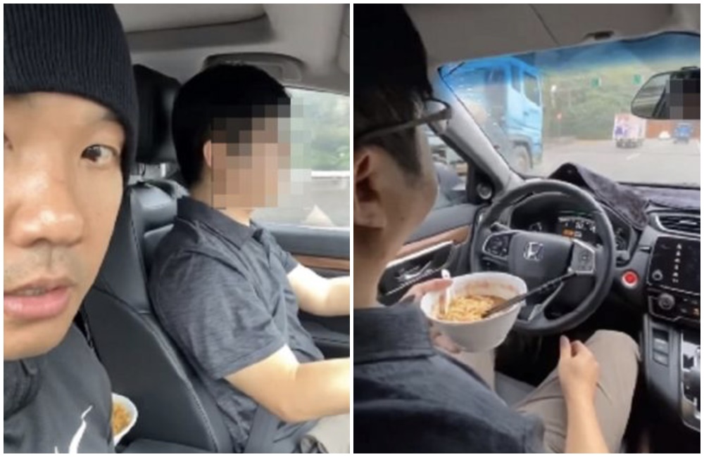 黑人陳建州近日在臉書PO出友人開車時「放開方向盤」並「吃麵」影片惹議。（翻攝臉書）