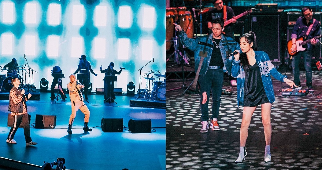 今年金音獎於國父紀念館舉辦，舞台塑造流行氛圍，Leo王、Yellow樂團及主唱黃宣（左圖右），ØZI、吳卓源（右圖）分組演出，炒熱典禮。（影視及流行音樂產業局提供）