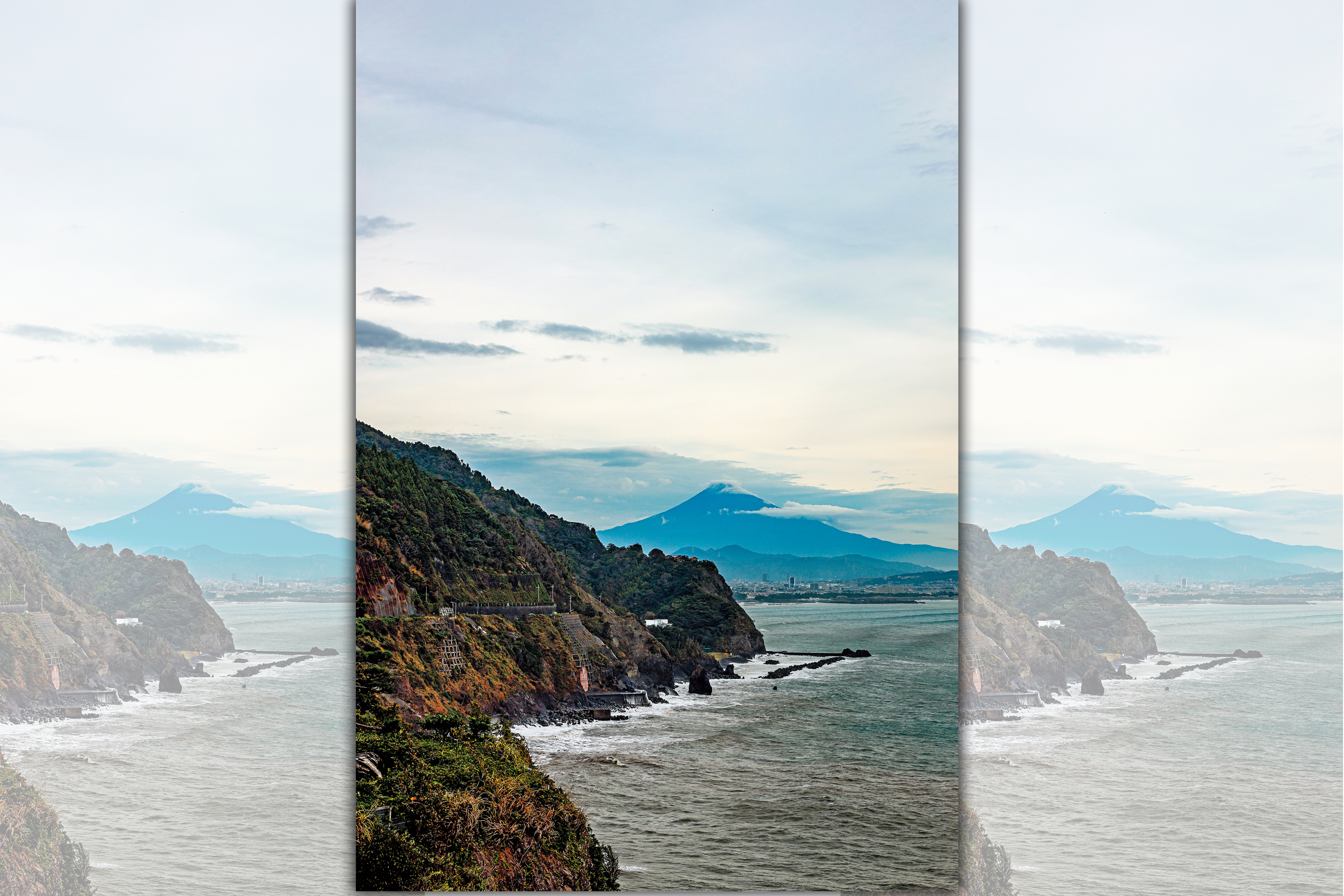 從松風閣的露天風呂看出去，是駿河灣與富士山構成的壯麗美景。