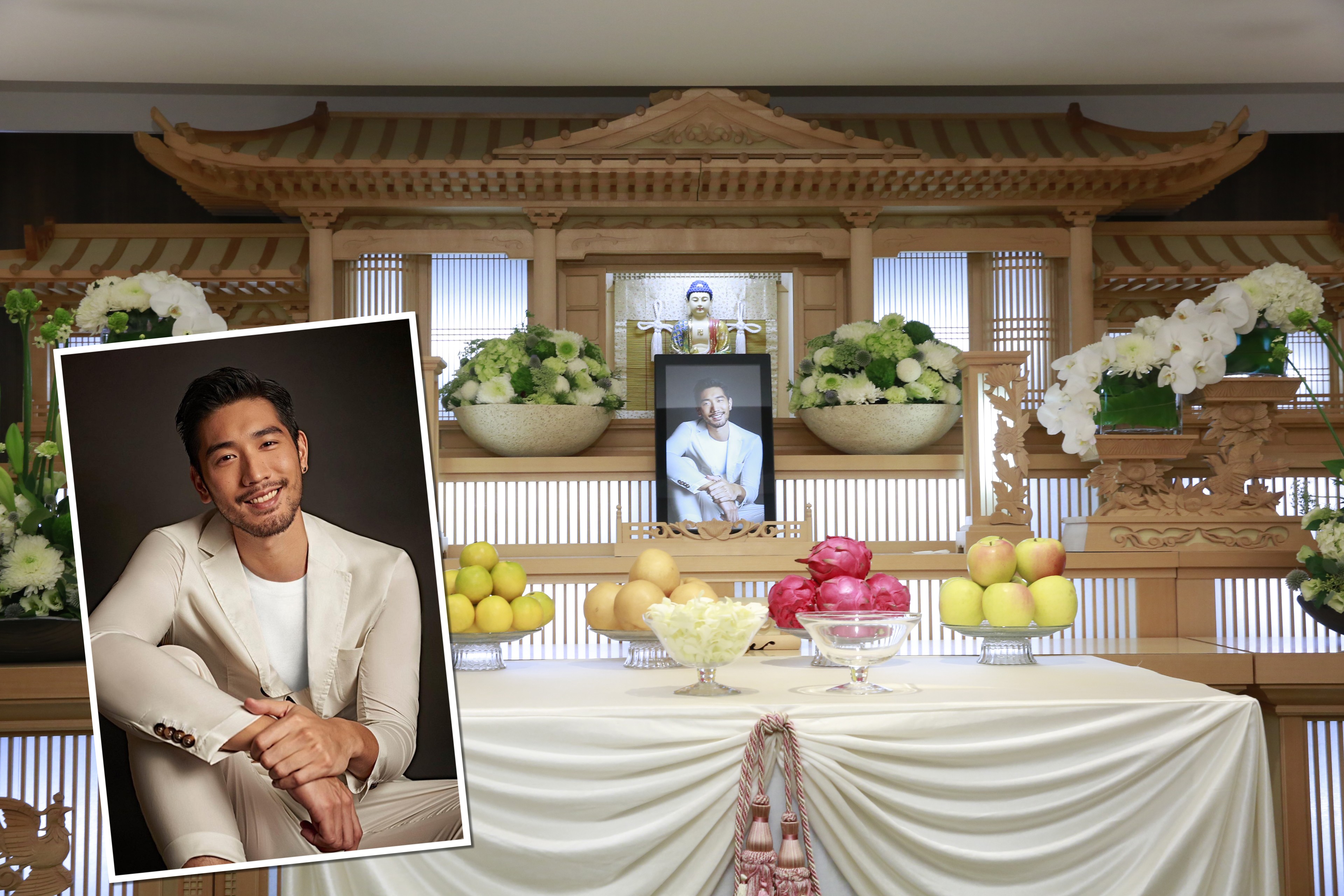 高以翔的靈堂（右圖）素雅，遺照選的是他身穿白色帥氣的西裝，一臉陽光、溫暖燦笑。