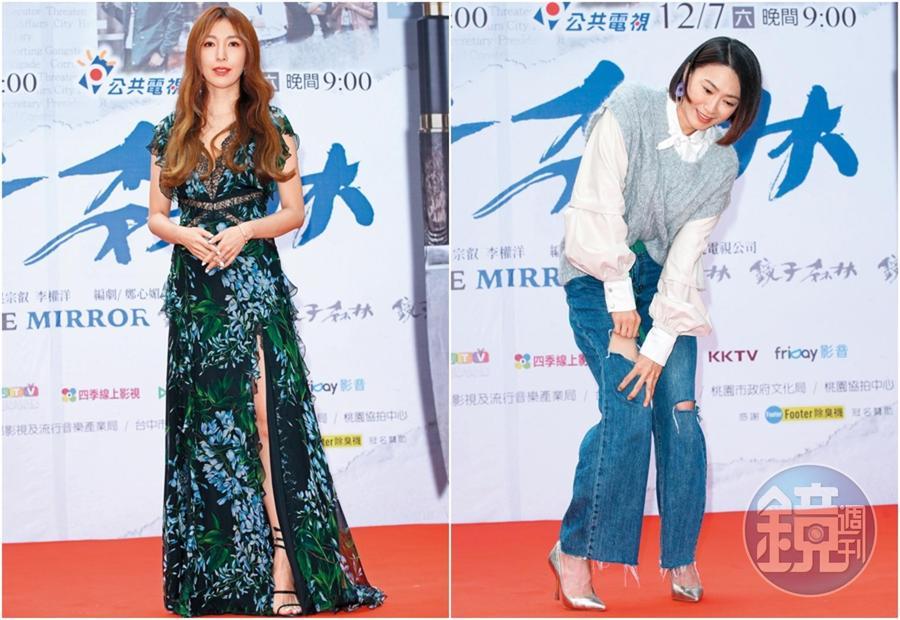 女一就是會有女一的樣子，楊謹華（左圖）除了露出腿肉，臉上也是全新風貌，只能說是髮型的關係囉！大概是嫌自己露輸人，所以侯怡君（右圖）作勢想讓自己褲子的洞破得更大。