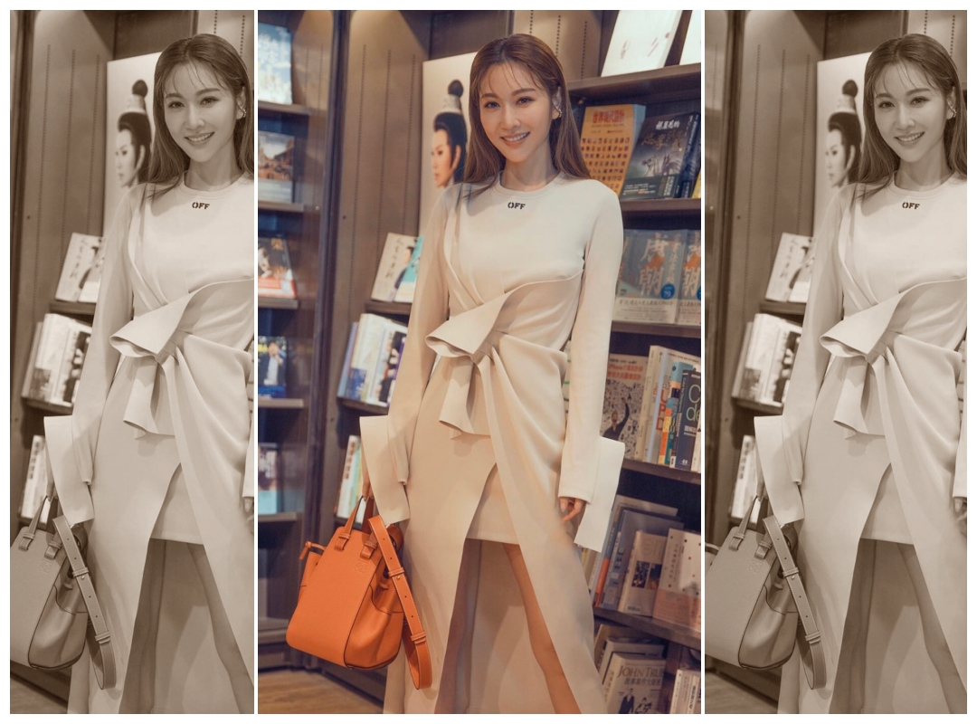 曾莞婷穿著Off-White洋裝搭配橘色Hammock包。（翻攝自曾莞婷IG）