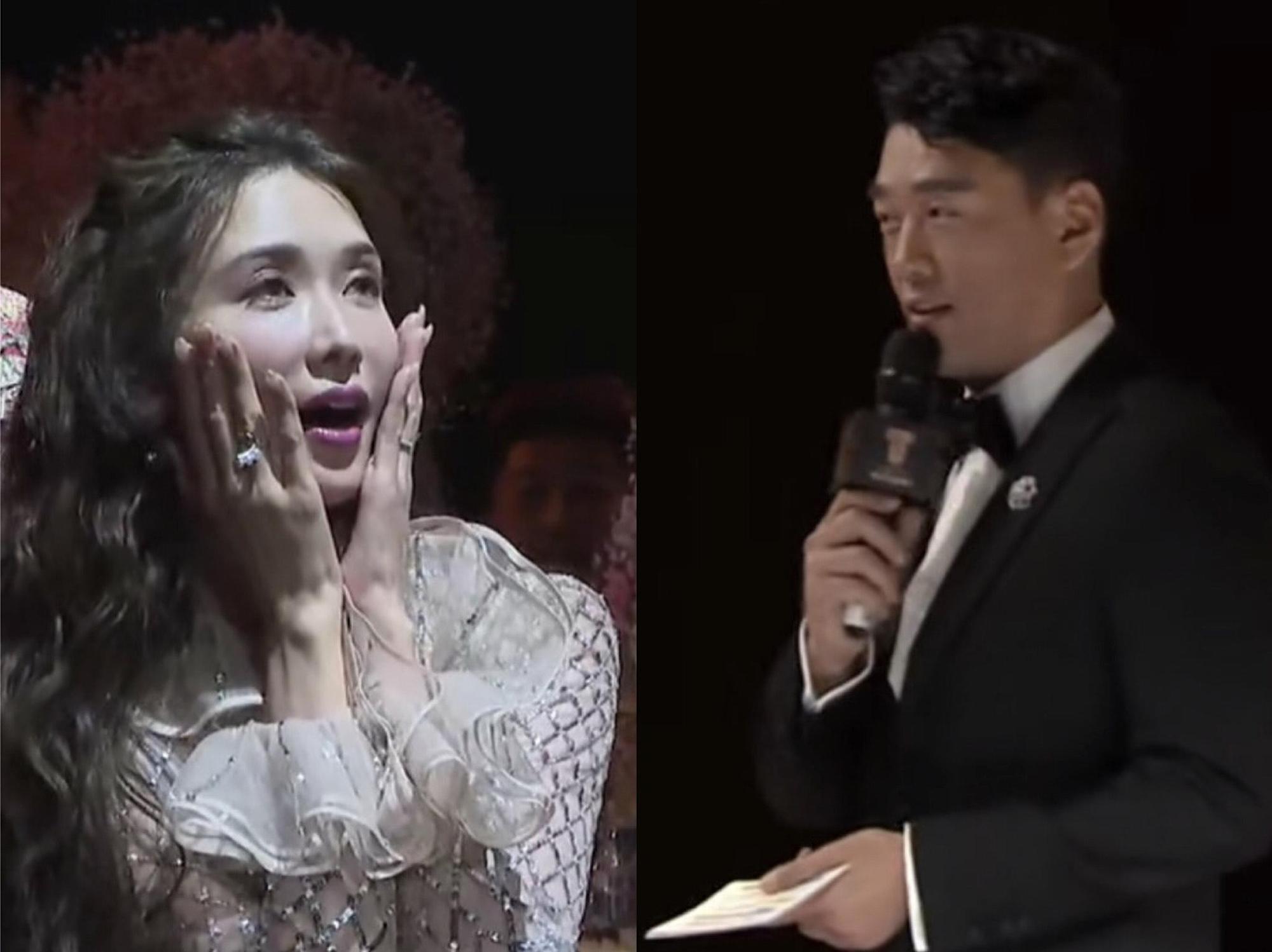 林志玲(左)婚後首度參加時尚活動,卻遭王耀慶(右)爆料肚子有喜。(翻攝自星扒鵝微博)