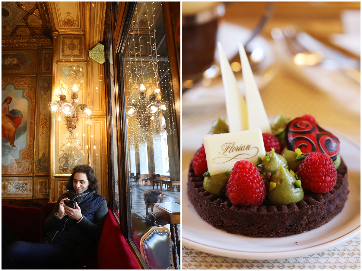 弗洛里安咖啡館（左圖）就像是一間藝文沙龍，讓人想好好品味裡的藝術氛圍，至於甜點（右圖）可說是咖啡館的強項之一。