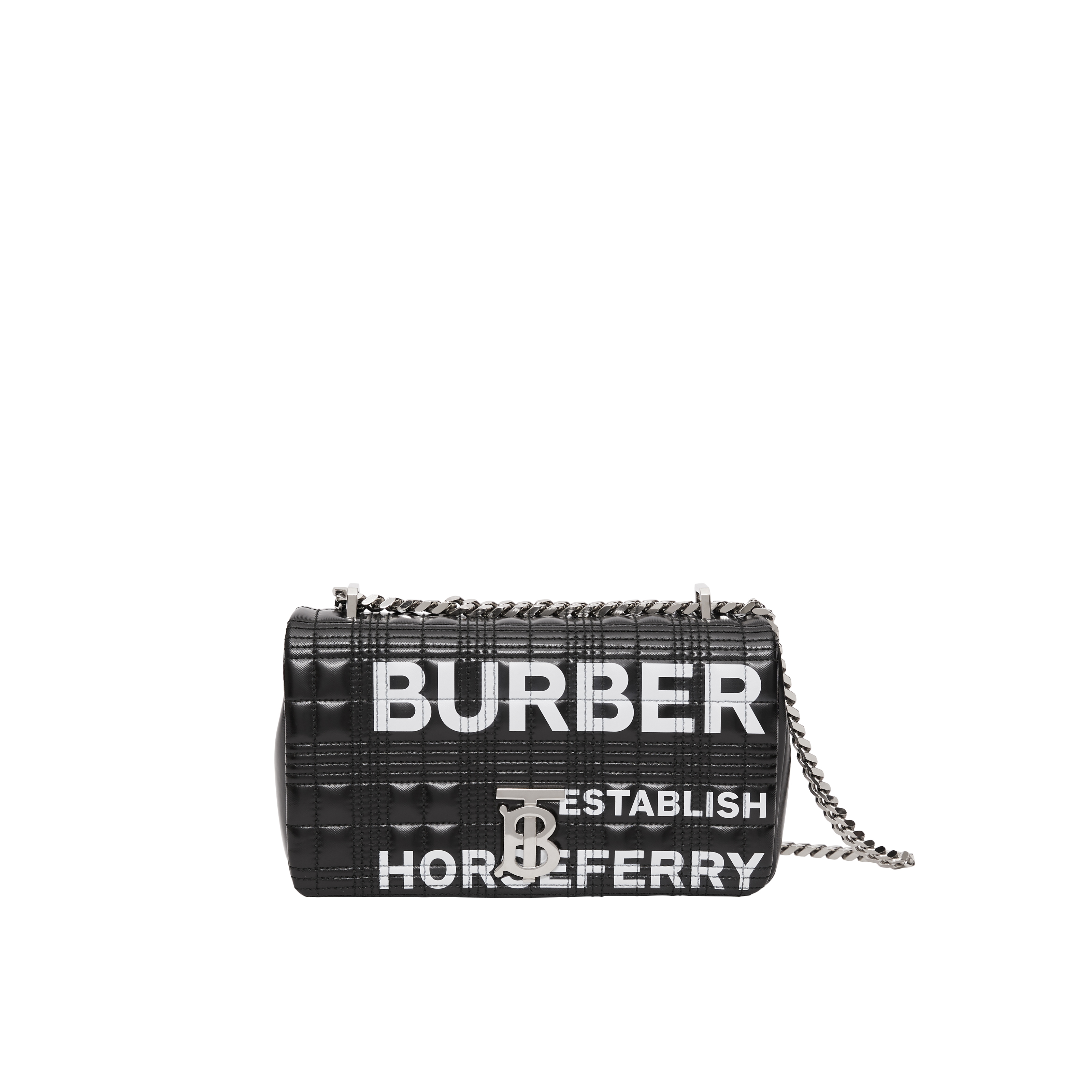 黑色小型Horseferry印花絎縫格紋Lola包。NT$55,000(BURBERRY提供)