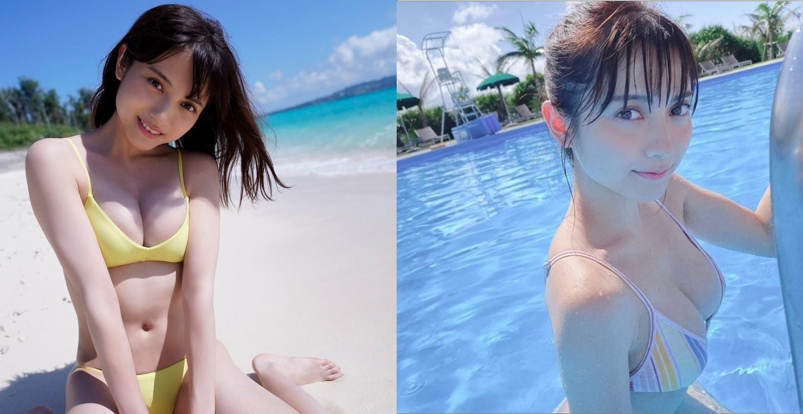 桃月梨子外型清純可愛,擁有F級美乳的她近日飛到沖繩拍攝泳裝寫真。(翻攝自日本雅虎)
