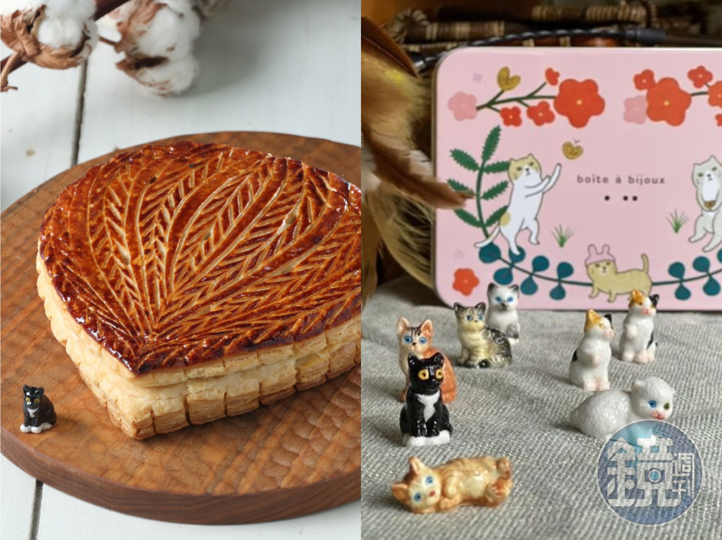 「boîte à bijoux珠寶盒法式點心坊」的「國王餅」內藏法國瓷偶，咬到貓咪造型款可免費兌換鐵盒餅乾。（圖片由boîte à bijoux珠寶盒法式點心坊提供）