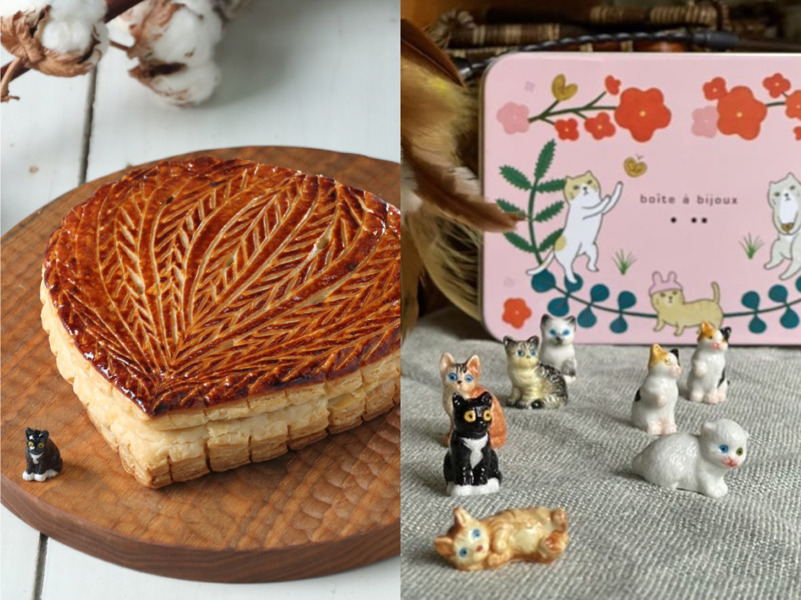 「boîte à bijoux珠寶盒法式點心坊」的「國王餅」內藏法國瓷偶，咬到貓咪造型款可免費兌換鐵盒餅乾。（圖片由boîte à bijoux珠寶盒法式點心坊提供）