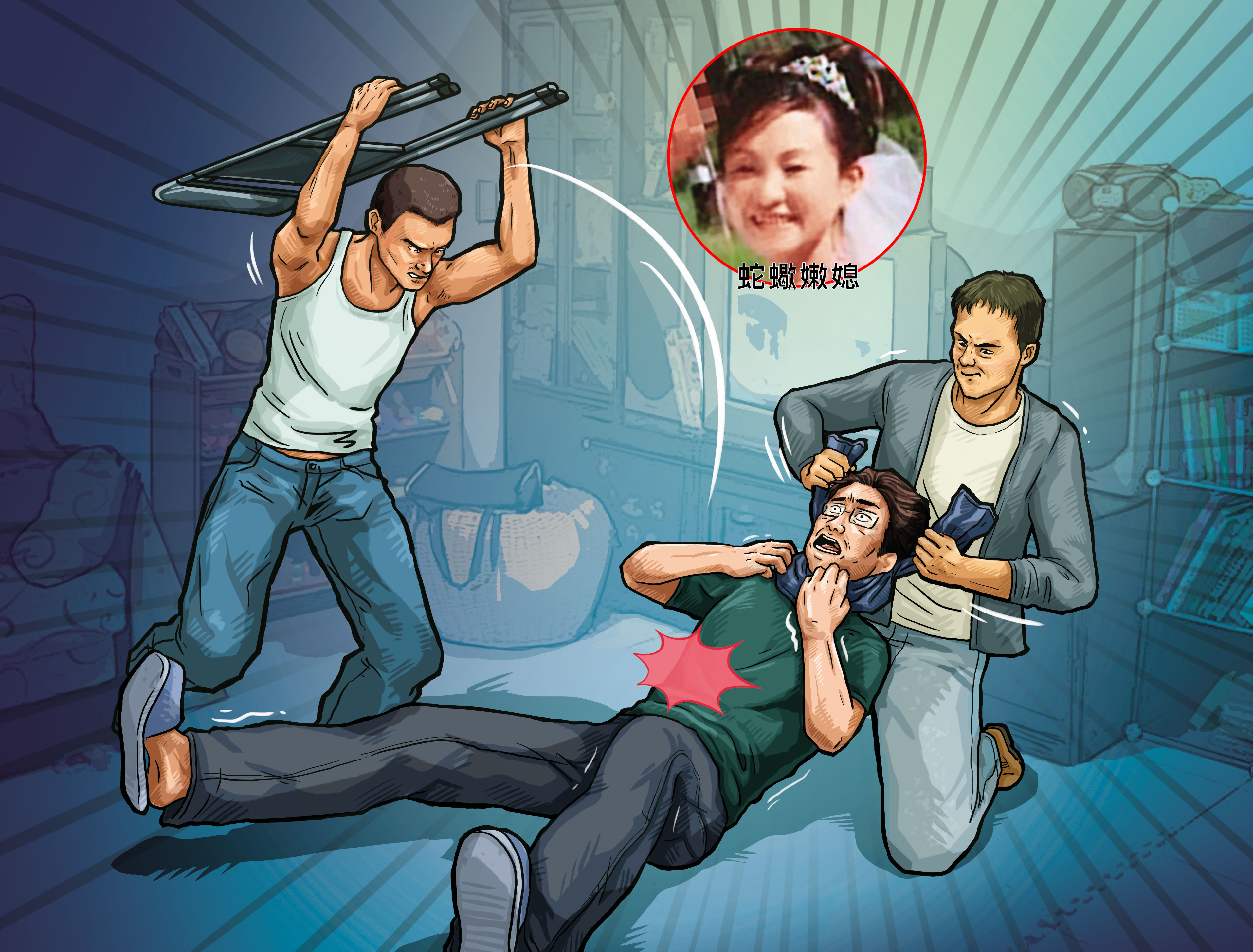 黃乃文用裝釣具的塑膠套勒住李建穎的脖子，共犯潘家榮則持椅子攻擊。