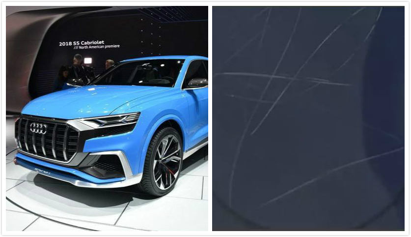 左圖奧迪Q8售價約400萬元。（翻攝每日頭條）右圖為被該夫婦之女兒刮花的車局部。（翻攝桂林微報網）