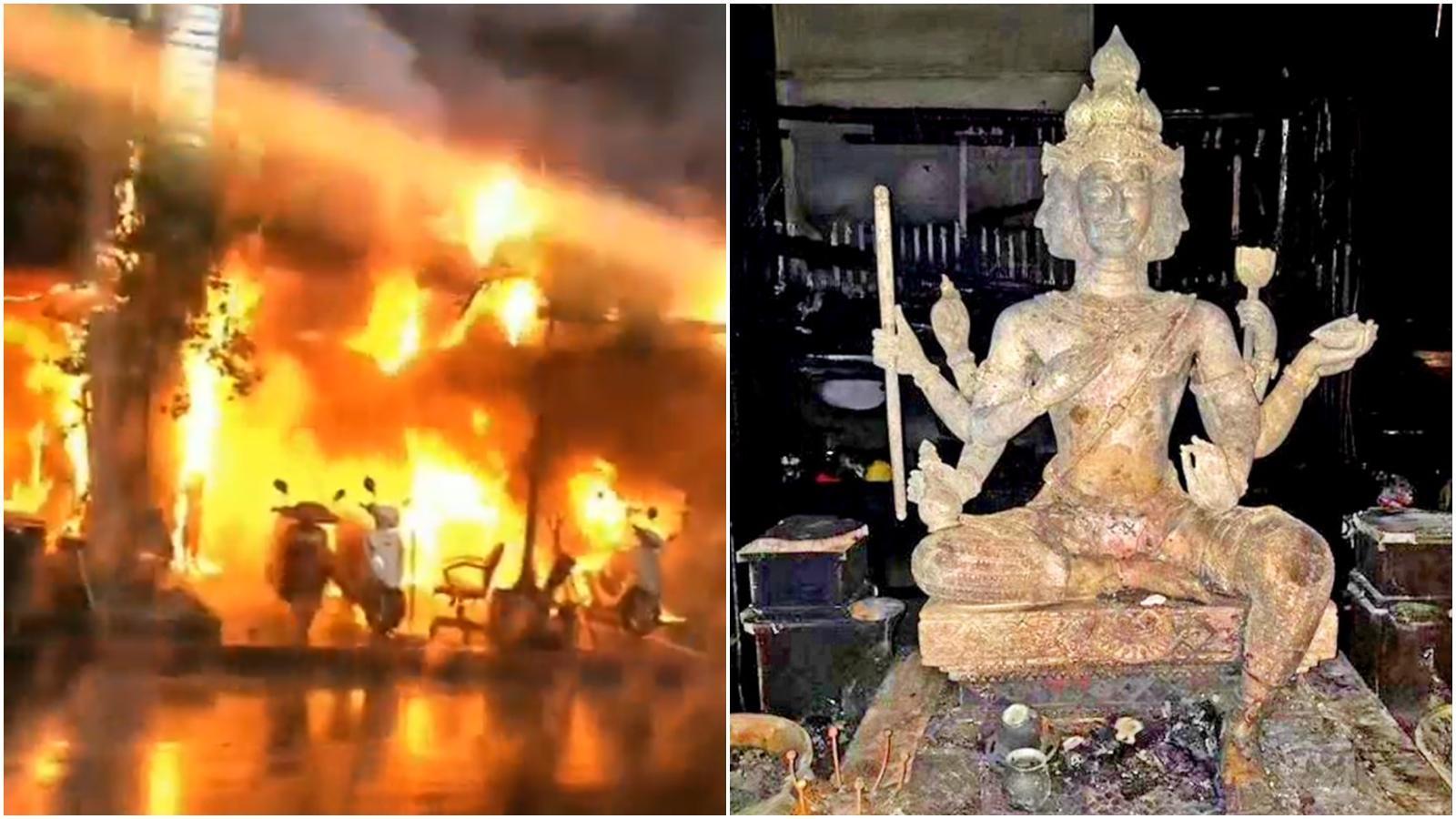 四面佛寺大火，連帶周邊店家都受到波及，幸好僅4人輕傷。（翻攝畫面）