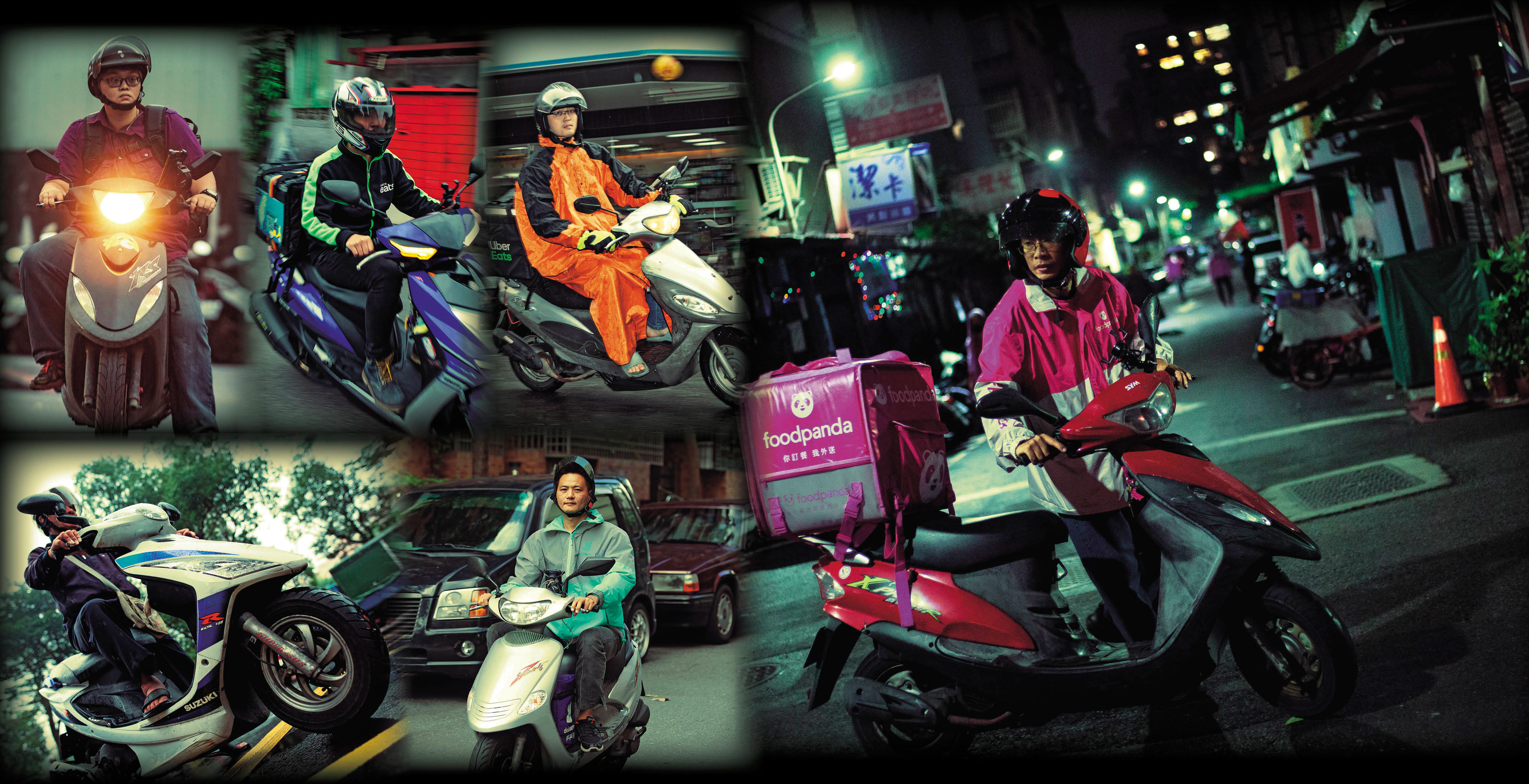 台灣現有3大美食外送平台：foodpanda、UberEats和戶戶送。全職外送者1日里程數往往破百公里。