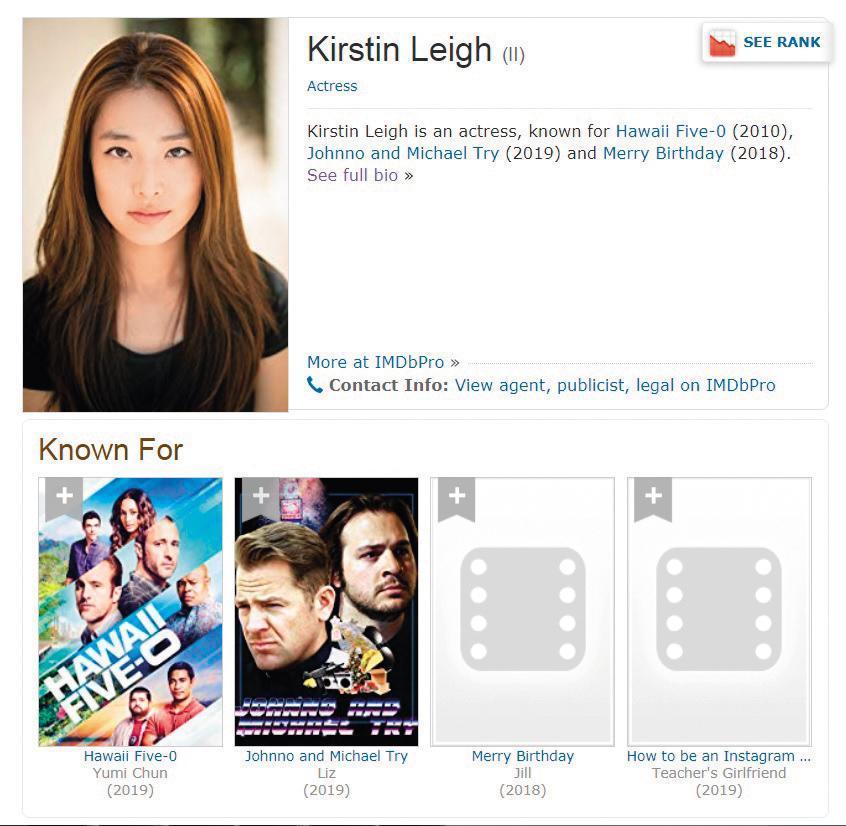 錦榮的新對象Kirstin Leigh,是韓裔女演員,曾演過美國電視劇《檀島警騎》第七季。(翻攝自IMDB)