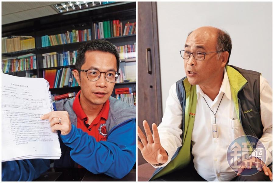 半導體設備廠凌嘉科總經理洪鏗評（左圖）出面控訴，遭威光積欠貨款；威光總經理黃金福（右圖）則反擊，是凌嘉科未履約在先。